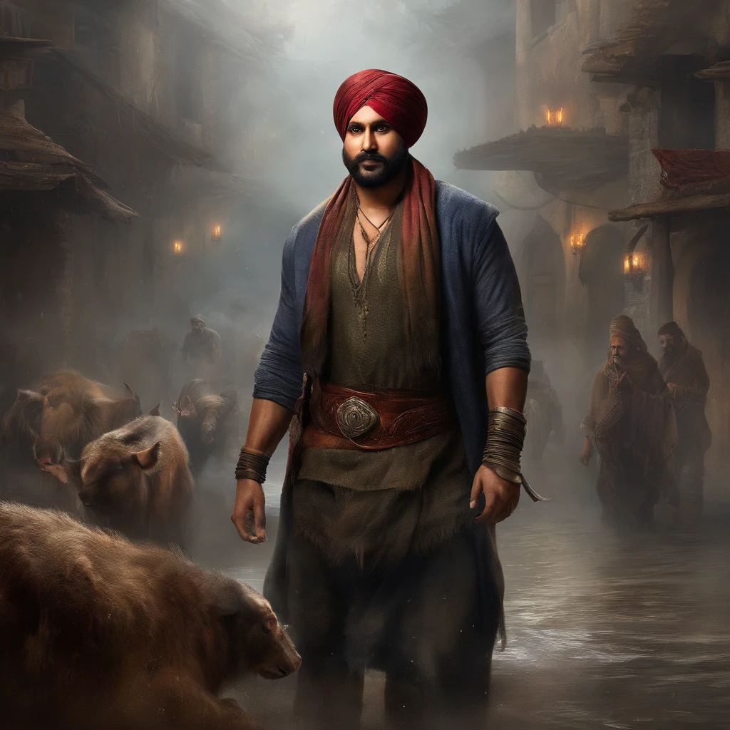 (professional 3d render:1.3) af (Realistic:1.3) most beautiful artwork photo in the world，Features soft and shiny male heroes, ((Epic Punjabi singer sidhu moose wala  wearing a black turban on head, rough wet hero angry look long hair short beard and ferocious expression in dynamic pose, Fantastic location, Majestic cluttered environment)), full body 8k unity render, action  shot, skin pore, very dark lighting, heavyshading, Detailed, Detailed face, (vibrant, photograph realistic, Realistic, Dramatic, Dark, Sharp focus, 8K), (Old leather garments damaged by weathering:1.4), ((((Wear fur)))), (Intricate:1.4), decadent, (Highly detailed:1.4), Digital painting, rendering by octane, art  stations, concept-art, smooth, Sharp focus, illustration, Art germ, (loish:0.23), wlop ilya kuvshinov, and greg rutkowski and alphonse mucha gracias, (Global illumination, Studio light, volumettic light), heavy rain, particles floating, lotr, fantasy, elf, full bodyesbian, ((Dark and ancient city background:1.3)),CGSesociety,art  stations