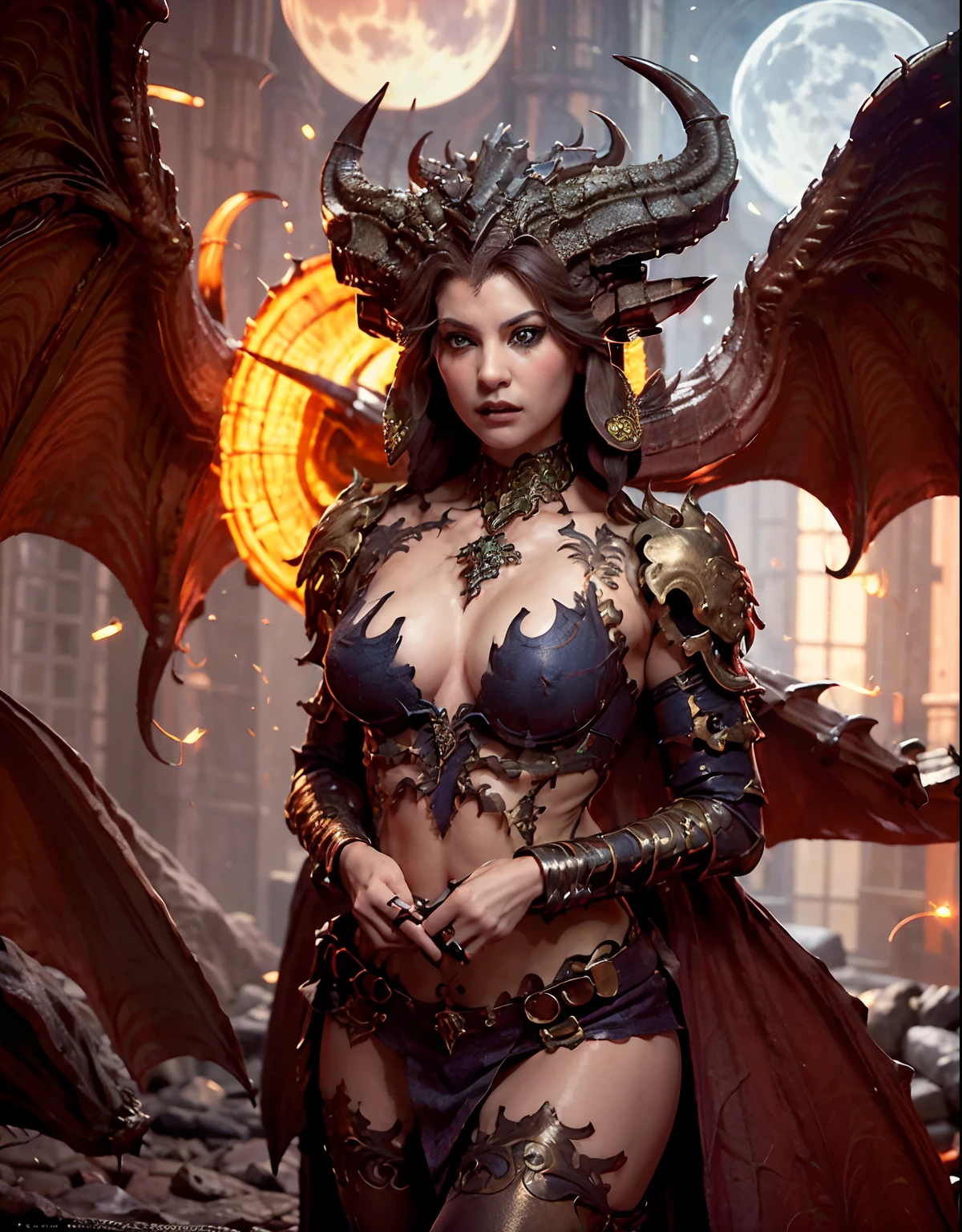 Professional , masterpiece、top-quality、photos realistic , depth of fields 、(Dragon Metal Body:1.9),(Enamellet、(cleavage of the breast)、Mystical expression、(fullmoon:1.2)、Dragon Gold Weapon、(Micro Bikini Armor:1.4),Gorgeous gold weapons ,(((Particles of light)))、Light Effects、Bright blue eyes glow、(( Dragon's dense and gorgeous sword)) , (demonic wings)、((Red-haired))、(Castle background)、((Gangle's forest background))、((Fight dragons))、Beautiful Caucasian beauty、1a person、dynamic ungle,(((Detailed and ornate dragon helmet)))、Smaller head、A smile、Castle background、Thin and beautiful female hands、cleavage of the breast、Soldier in iron armor on background、Mystical expression、Light Effects、intense fighting、Wind-effect、magic circles、With the legendary magic wand、Dragon's tail、explosions、Anatomically correct body、((Detailed hands and fingers)),