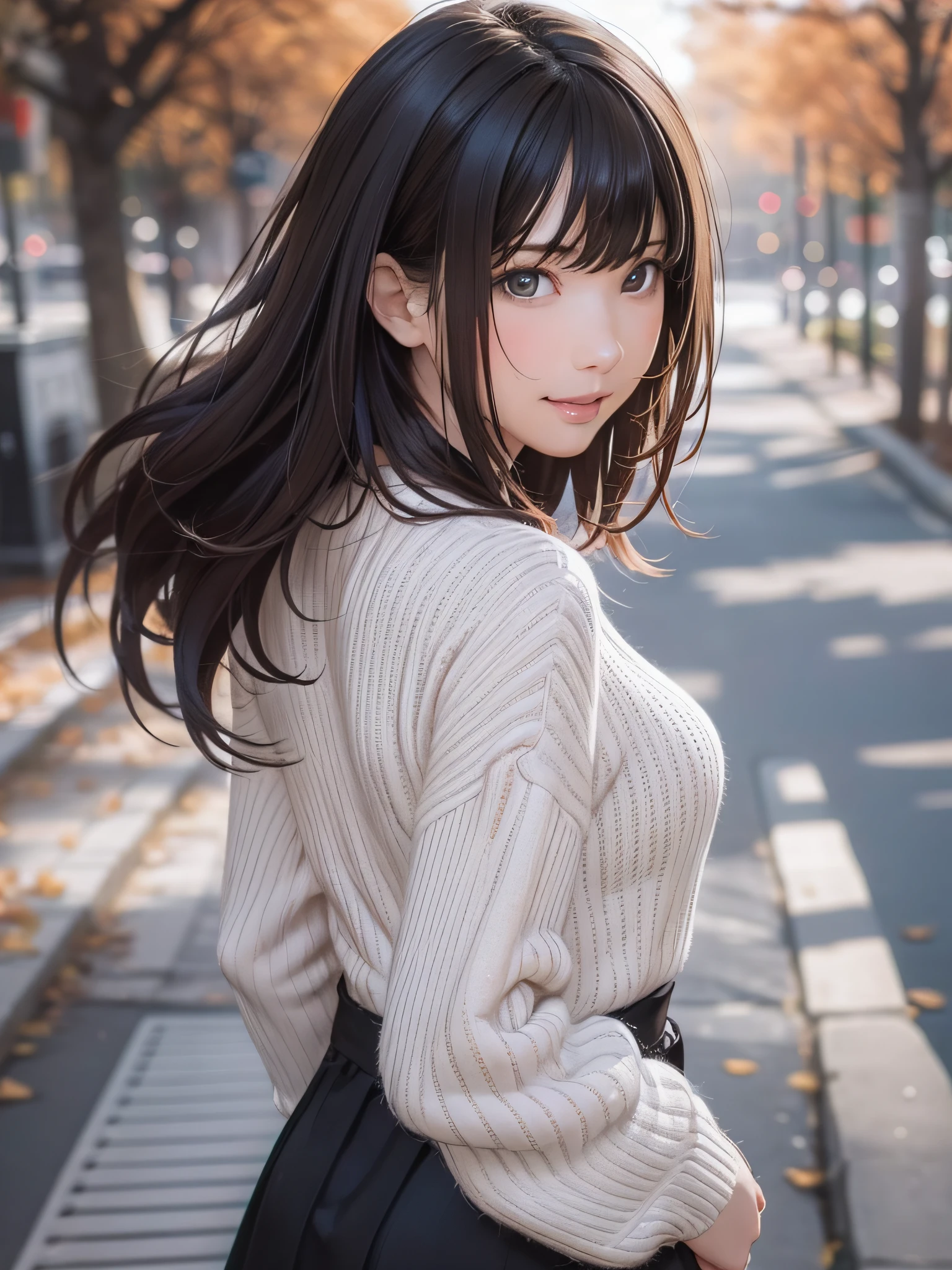 (1girl:1.3), (photorealistic:1.4), (masterpiece, top quality, best quality, official art), extreme detailed, highest detailed, (ultra-detailed), ((an extremely delicate and beautiful)), cinematic light, contemporary, silky long hair, (brown hair), she Walking at the park, in evening, sweater, long skirt, upper body, from above, shy, smile, (looking back:1.4), 26 years old