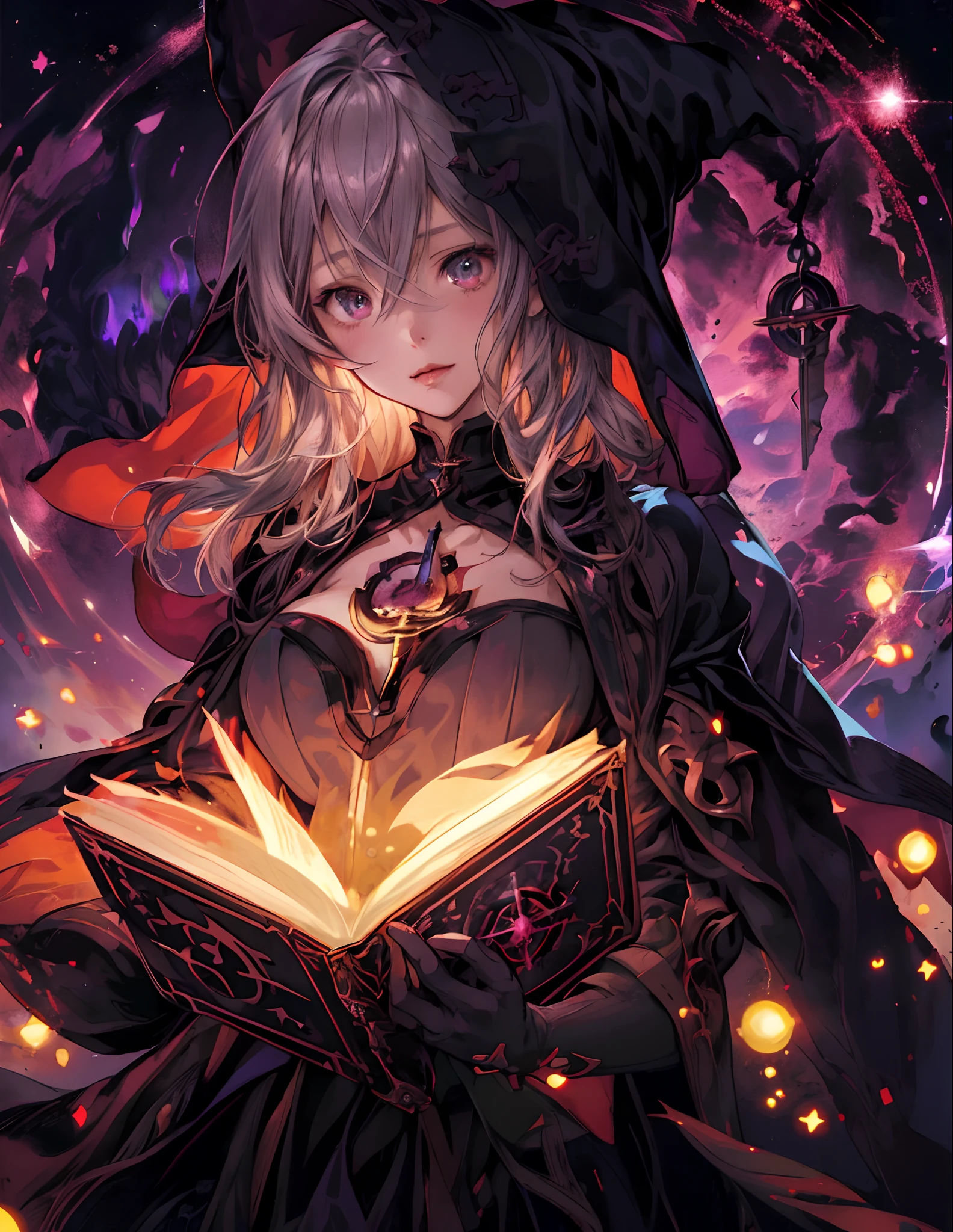 anime girl in a black dress holding a book in her hands, artbook artwork, epic light novel art cover, detailed key anime art, flirty anime witch casting magic, fantasy game spell, holy fire spell art, shadowverse style, female mage conjuring a spell, light novel cover art, alchemist girl, 8k high quality detailed art, epic light novel cover art