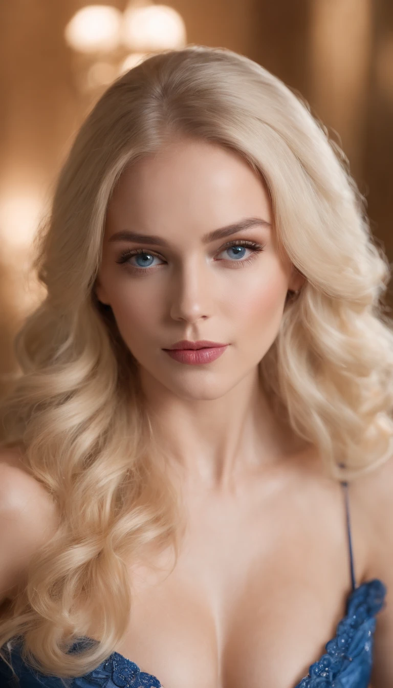 Gorgeous blonde, Sitzen im Privatjet, with a perfect body, teurem Kleid, Champagner in der Hand, lange blonde Haare, big breasts, blaue Augen