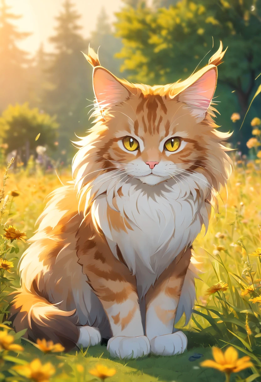 "Generate ultra-high-definition images of chic cats, Classic Cat Pose. Using advanced macro photography techniques、Highlights the intricate details of the cat's coat, mustaches, And expressive eyes.

Place the camera at the cat's eye level, Create an intimate connection between the viewer and the cat subject. Implement a wide aperture for a shallow depth of field, Make the cat stand out clearly against a gently blurred background.

Improve lighting to emphasize the texture and contours of the cat's body, Using the software, Remove coarse shadows、, cosy atmosphere.

Catch a cat in a relaxed position, But balanced, Show your flexibility and elegance. Try to capture the moment in natural movement, Stretching, grooming, etc., To convey a sense of authenticity.

Implement post-processing techniques to improve image clarity, contrast, and color balance, Secure all aspects, From the intricate patterns of cats to their intense gazes, Rendered in stunning detail.

Finally, convey the gentle beauty and innate grace of the cat,, Capture fleeting moments celebrating the unique essence of a cat's curiosity and balance."  ((Maine coon)), ((Background: meadow)), ((golden hour light)), ((majestic))