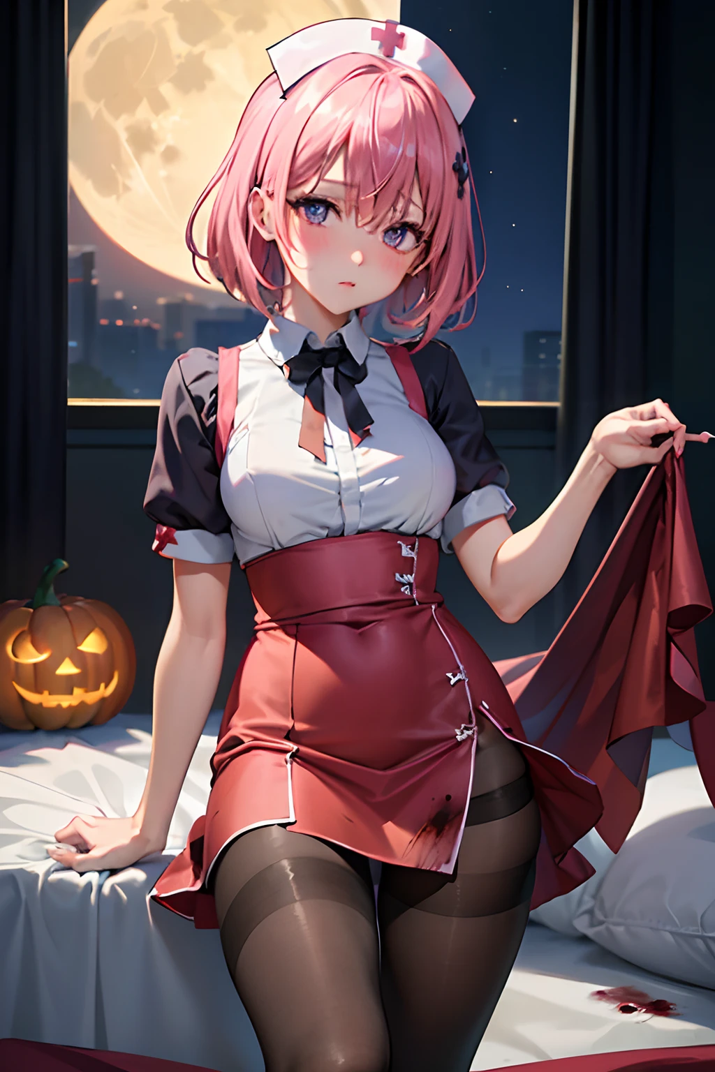 (top-quality:1.1), (masterpiece:1.4), (absurderes:1.0), portlate, a closeup,
1girl in、Momovelia Deviluk、hair adornments、bob cuts、Shorthair pink hair、a purple eye、Medium chest、((Tattered nurse clothes))、looking at the viewers、Bedroom、(red blush:1.2)、embarassed expression、(((Black pantyhose)))、black backgrounds、((Blood on clothes))、((Opening legs))、Nurse Shoes、Pumpkin Lantern、fullmoon、(a miniskirt)、