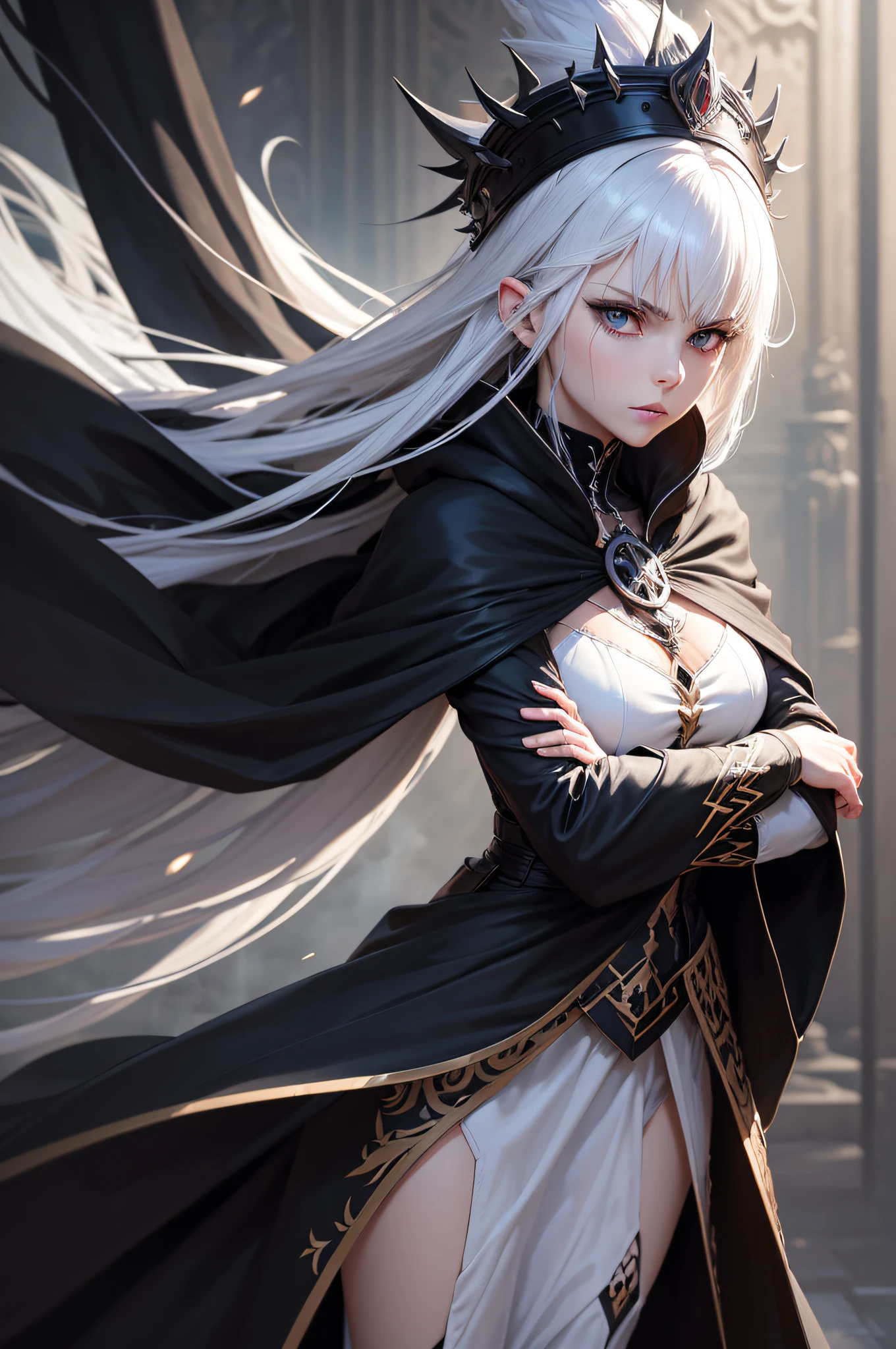 8k, expressive clothing, expressive hair, expressive background, 1 female, Semiramis FGO, , spiked white hair, black eyes, black cloak, white dress, royalty