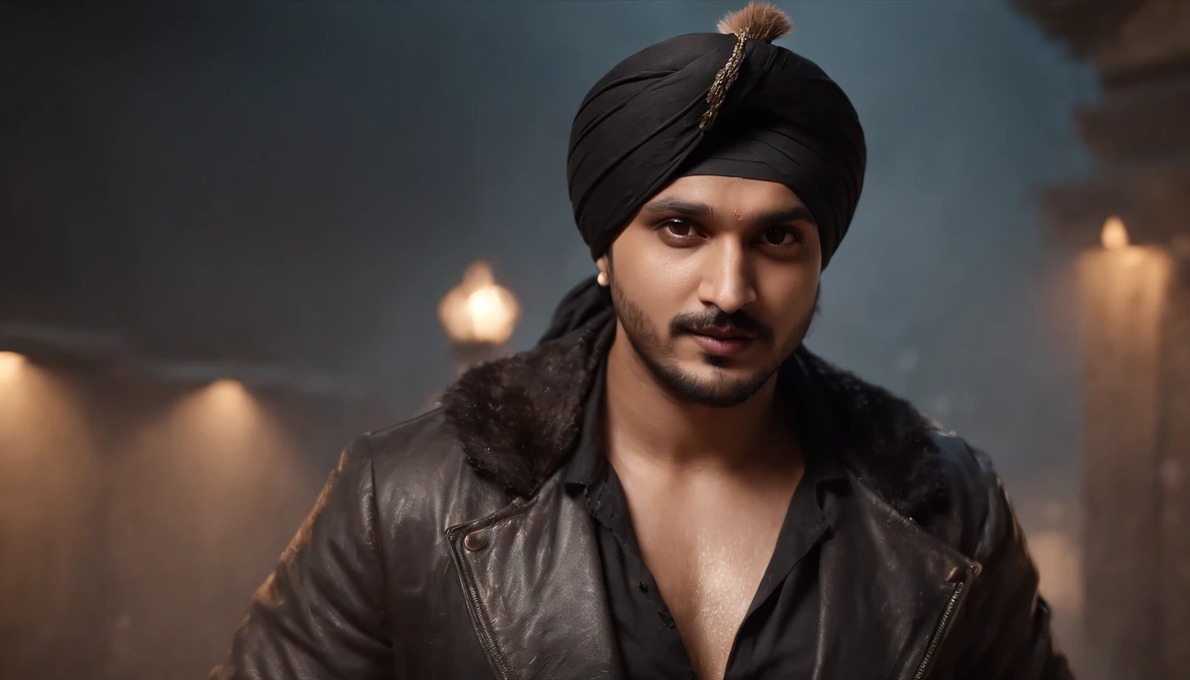 ((Epic Punjabi singer sidhu moose wala wearing a black turban on head, rough wet hero angry look long hair short beard and ferocious expression in dynamic pose, Fantastic location, Majestic cluttered environment)), full body 8k unity render, action shot, skin pore, very dark lighting, heavyshading, Detailed, Detailed face, (vibrant, photograph realistic, Realistic, Dramatic, Dark, Sharp focus, 8K), (Old leather garments damaged by weathering:1.4), ((((Wear fur)))), (Intricate:1.4), decadent, (Highly detailed:1.4), Digital painting, rendering by octane, art stations, concept-art, smooth, Sharp focus, illustration, Art germ, (loish:0.23)