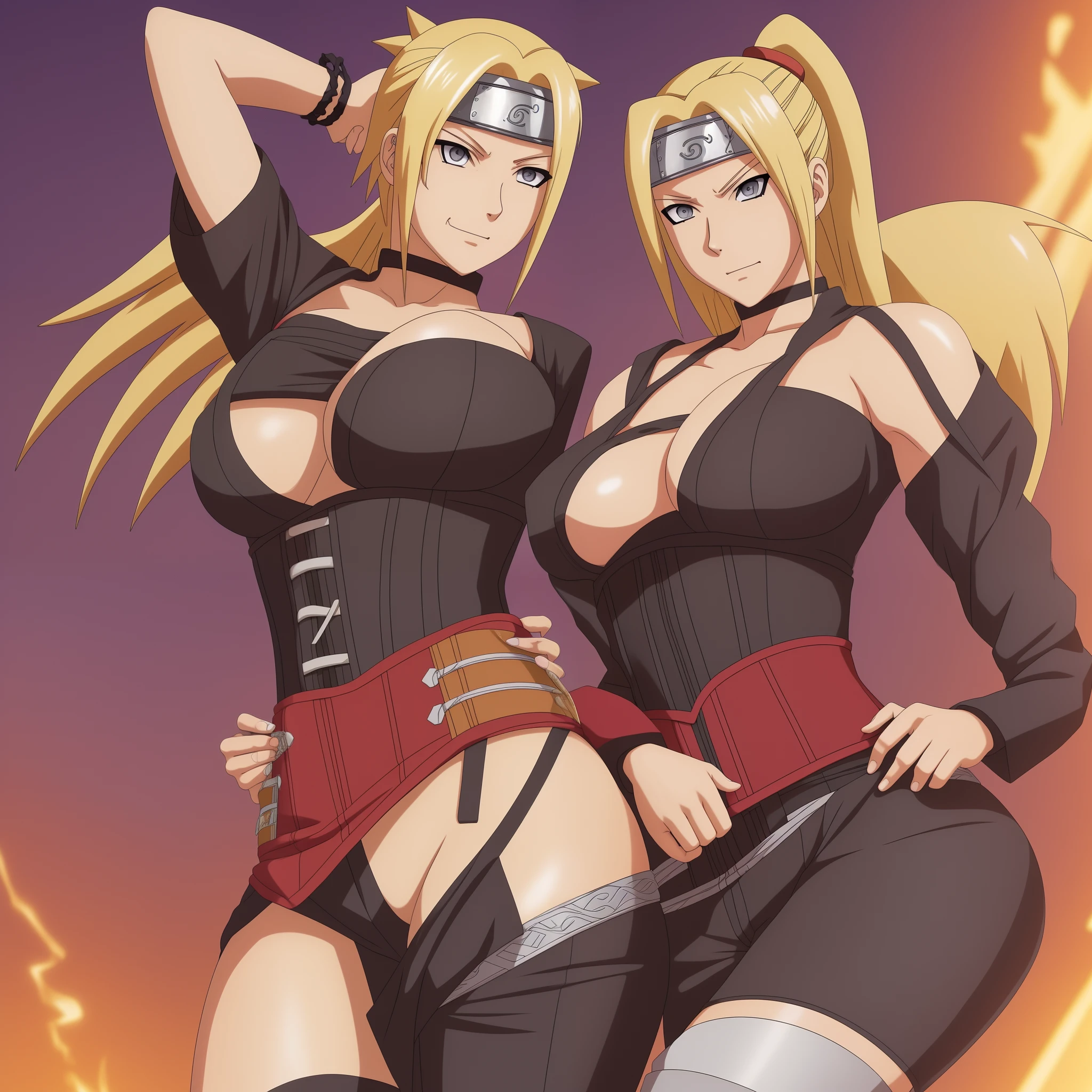 Naruto Tsunade fusion, sexy, smiling, looking to you, sexy suit with corset, big breast, thighs high, mature women, transgender, Naruto style