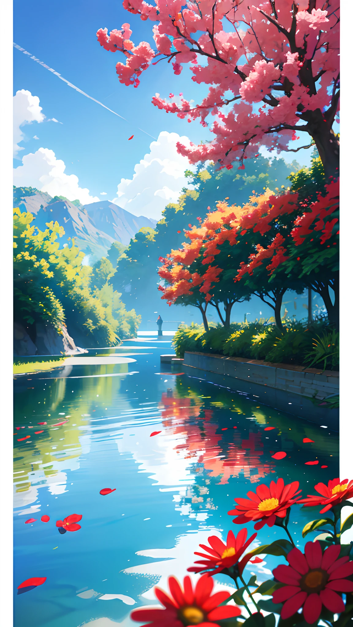 Hyper realistic scene, perfume surrounded by red flowers, blue sky background, water, sunlight, low angle view, blender, product rendering, HD 8K. --v6