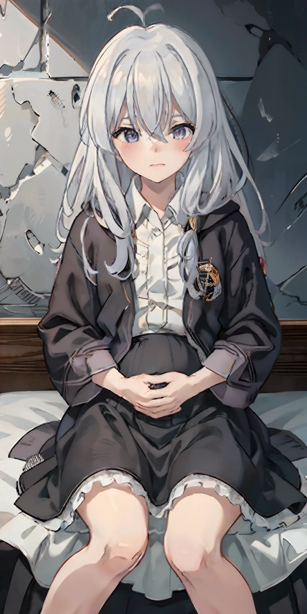 Elaina,anime girl, lie on a bed,white shirt,black skirt,black cloak, pake face, sweating, heavy breath, blushing, pregnant, (best quality:1.2), ultra-detailed,realistic ,portraits, vivid colors, soft lighting, interesting PoV,