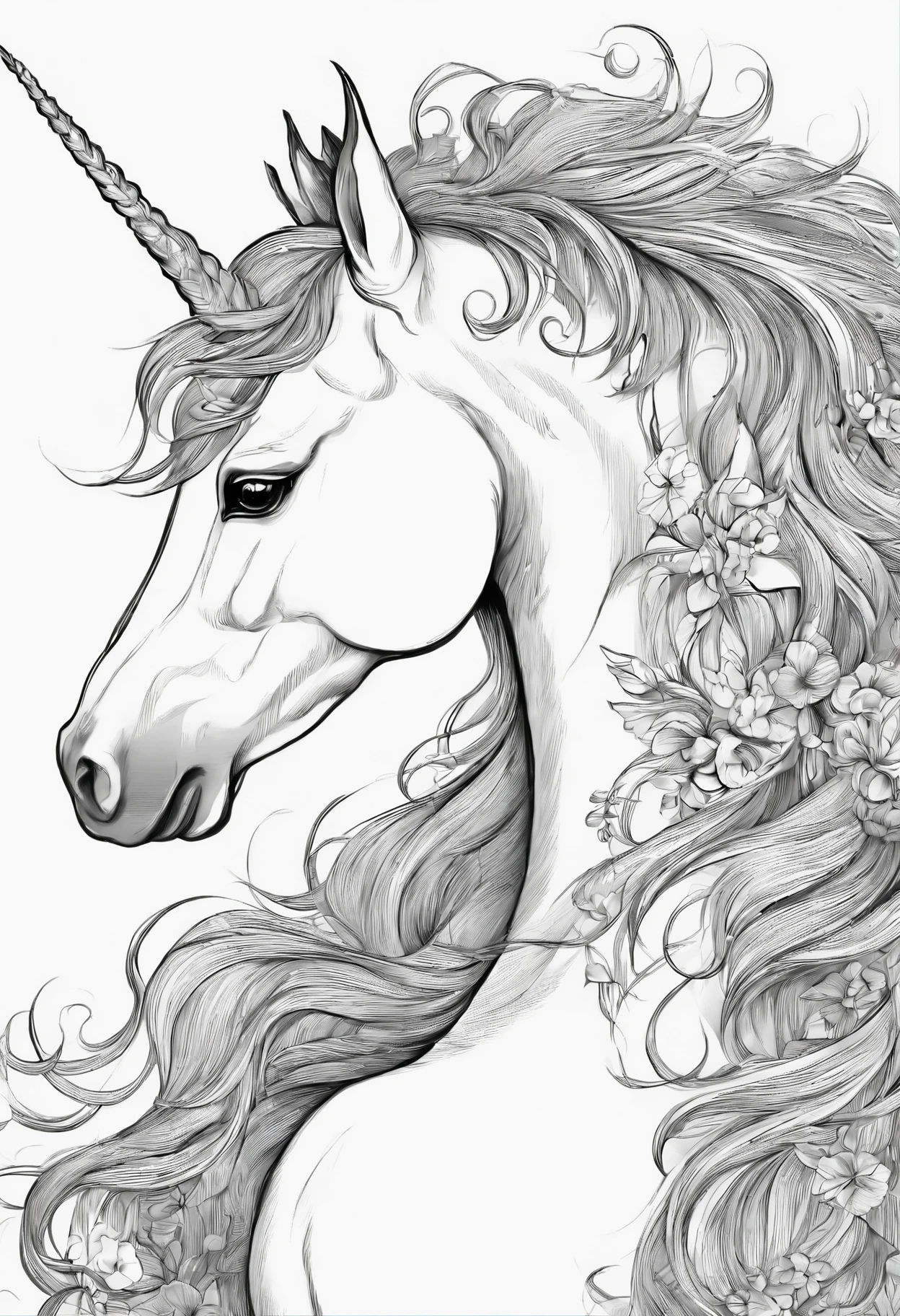 Unicorn anime+preto e branco+(desenhos para colorir:0.8)