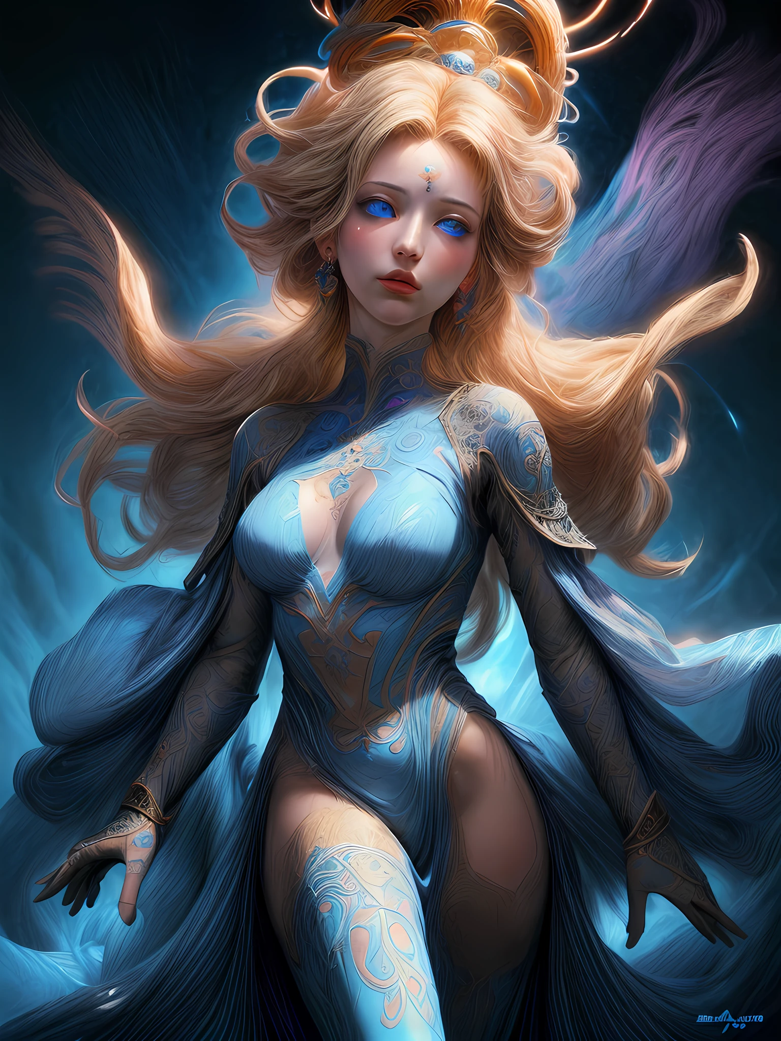 high details, best quality, 16k, [ultra detailed], masterpiece, best quality, (extremely detailed), dynamic angle, ultra wide shot, photorealistic, fantasy art, dnd art, rpg art, realistic art, magv1ll an ultra wide picture of a female human (1.5 intricate details, Masterpiece, best quality) goddess of light ((blue radiant aura)), controlling a swirling blue radiant magic (1.5 intricate details, Masterpiece, best quality), manipulating purple radiant magical symbols, divine symbols (1.5 intricate details, Masterpiece, best quality), human female, blond  hair, long hair with aura, hair with blue radiant eyes, intense eyes, ((radiant eyes)), (( blue glowing eyes)), dynamic clothing, fantasy sky, clouds, celestial  background, ((divine worship atmosphere)), high details, best quality, highres, ultra wide angle