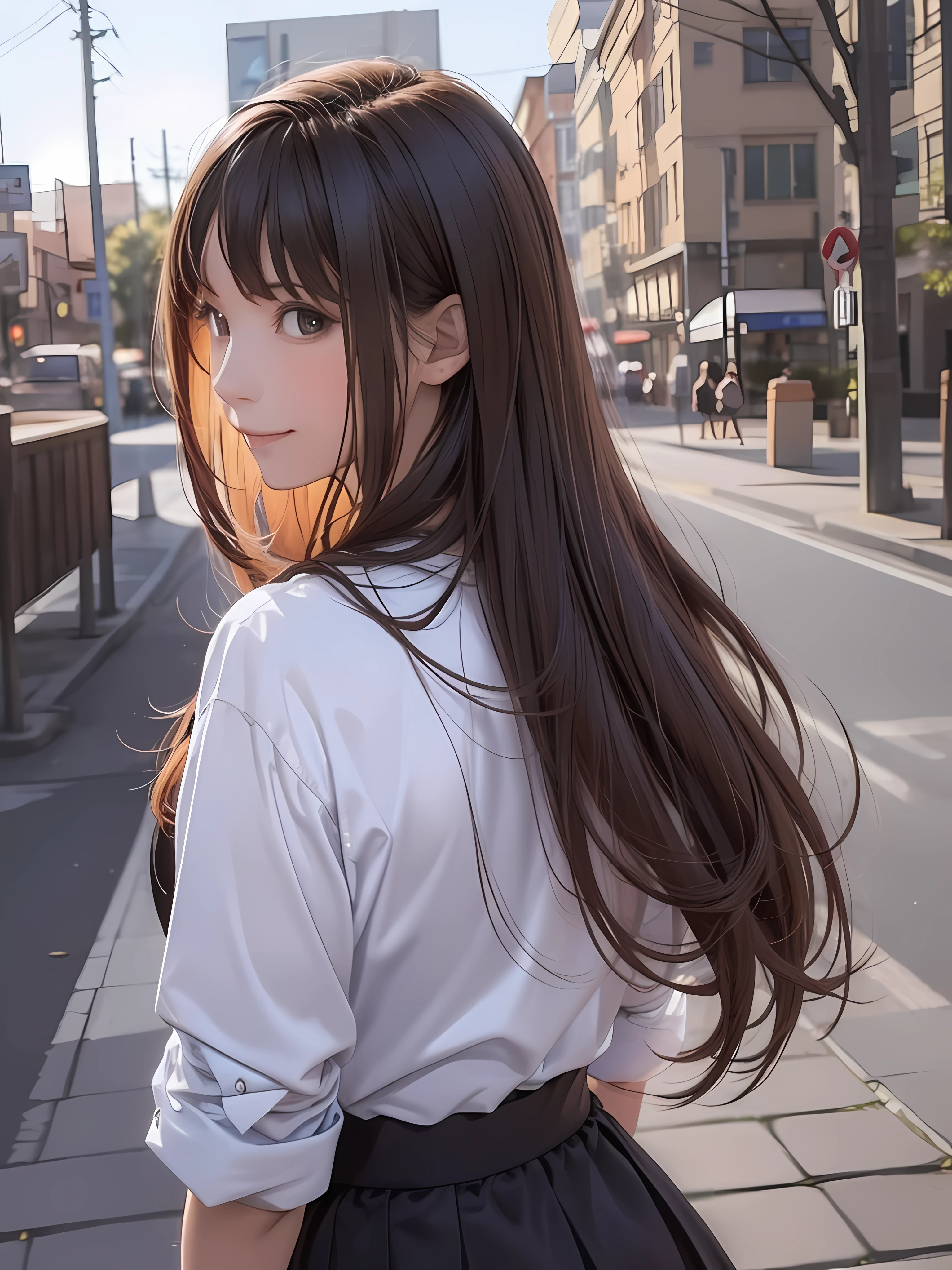 (1girl:1.3), (photorealistic:1.4), (masterpiece, top quality, best quality, official art), extreme detailed, highest detailed, (ultra-detailed), ((an extremely delicate and beautiful)), cinematic light, contemporary, silky long hair, (brown hair), she Walking at the park, in evening, cut sew, skirt, upper body, from above, shy, smile, (looking back:1.4), 26 years old