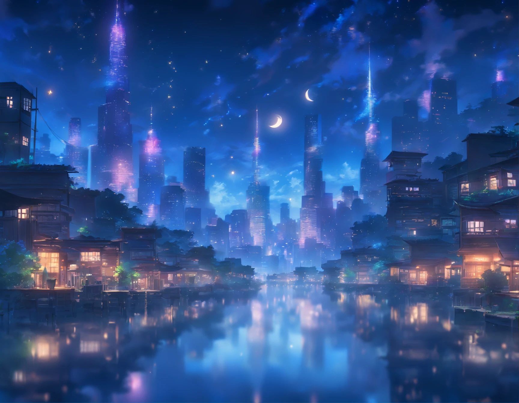 Starry night sky tall buildings
(best quality,4k,8k,highres,masterpiece:1.2),ultra-detailed,(realistic,photorealistic,photo-realistic:1.37),HDR,UHD,studio lighting,extremely,peaceful serene,tranquil atmosphere,soft moonlighting,calm,lush rooftop garden with colorful flowers,soft breeze gently rustling the plants,crisp night air,faint sounds of the city below,deep purple hues of the night sky,sparkling stars scattered across the dark canvas,twinkling lights from the distant buildings,reflection of the moon on the surface of the buildings,subtle shadows cast by the moonlight,subdued and muted color palette,ethereal and dreamlike ambiance
