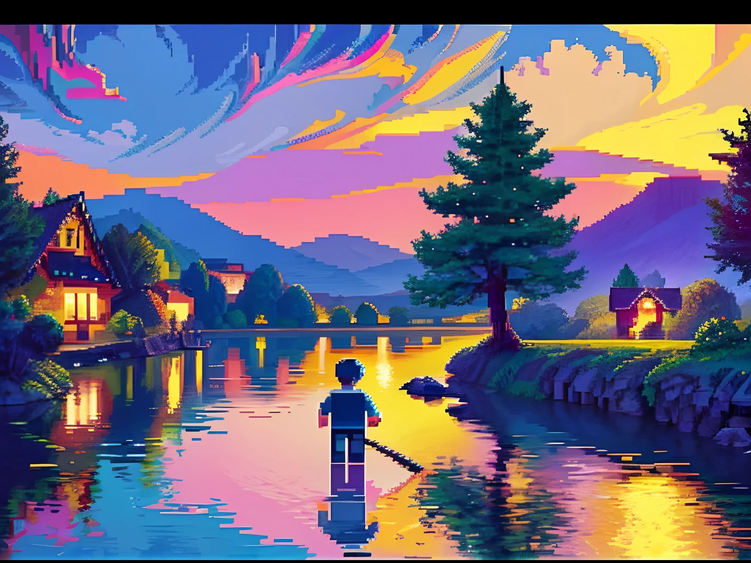 pixel-art, a boy, local town night time, river, forest, mountains, summer, low-res, blocky, pixel art style, 8-bit graphics