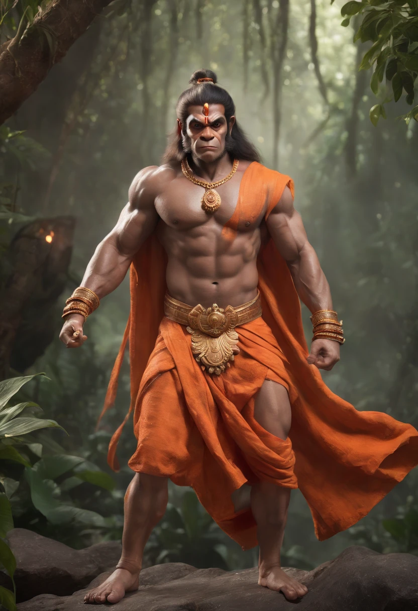 Lord Hanuman, face of a monkey , moderate stature, has a big tail, Fire on the background, strongly built, broad-chested, narrow-waisted, and long-armed, big golden sword in his hand, in a dark forest (Professional 3D rendering:1.3) by (Realistic:1.3) World's most beautiful art picture, Features soft, dark complexation male heroes , hindu god, indian god, ((Epic hindu god , lord Hanuman, fantasy rough muscular man wet hero angry look long hair long slightly white beard and fierce expression in dynamic pose, wearing a orange robe, inside a jungle, burning lights in the background, majestic environment)), full body 8k unit render, action shot, skin pores, very dark lighting, heavy shading, detailed, Detailed face, (vibrant, photorealistic, Realistic , Dramatic, Dark, sharp focus, 8k), (orange cloths with heavy jewelry r:1.4), (intricate:1.4), decayed, (highly detailed:1.4), painting digital, rendering by octane, art stations, Concept-Art, smooth, sharp focus,
