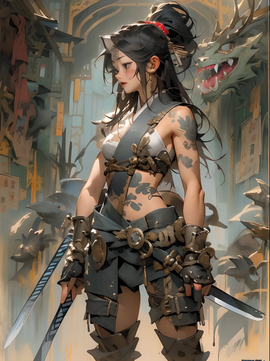 (((woman))), (((best qualityer))), (((tmasterpiece))), (((AS-Adult))), ((( Japanese ))), Look up from your knees, A beautiful asian samurai woman with perfect body, Modern samurai, ((( Asian))), Wear gloves on your hands,The left arm is made of steel and metal tips,Made of protective devices, The eyes are pulled, (( Appears below the breast )), (( Small dental floss )), Simon Bisley, Almost naked(Simon Bisley)Castle City Wilderness,For high-resolution posters, hair straight, Minimum clothing, armure (Crazy clothes ), Full of tips and rivets, tribal tattoos, (((full bodyesbian))), Straight brunette hair,Colored hair ends