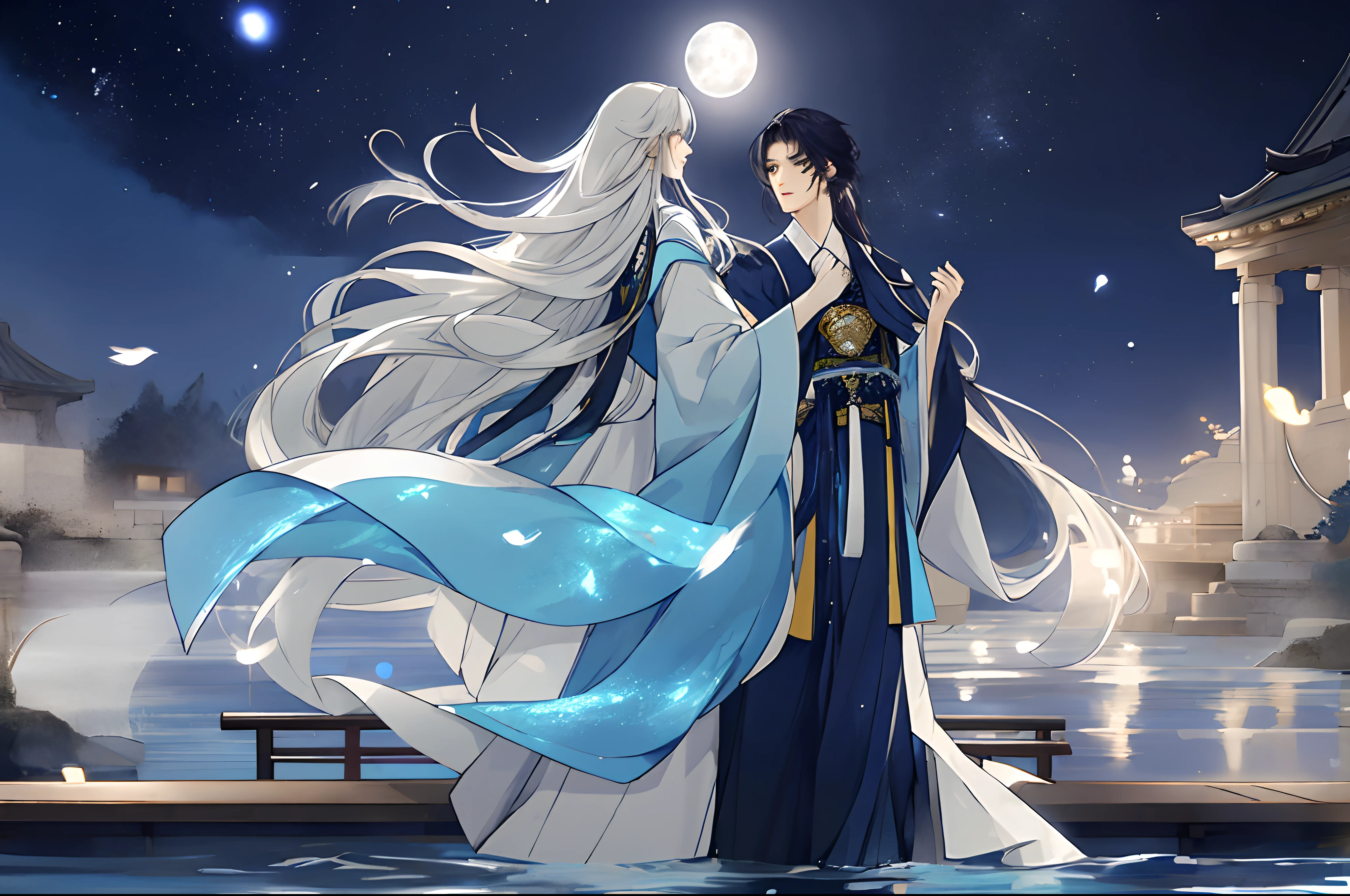 The male，Male，White Hanfu，long  white hair，Long flowing hair，Wide robe with large sleeves，Ancient wind，Solid color clothes，The clothes do not have any patterns，laughingly，softlighting，water ink，Behind it is the full moon，low-saturation，low-contrast，led floodlights