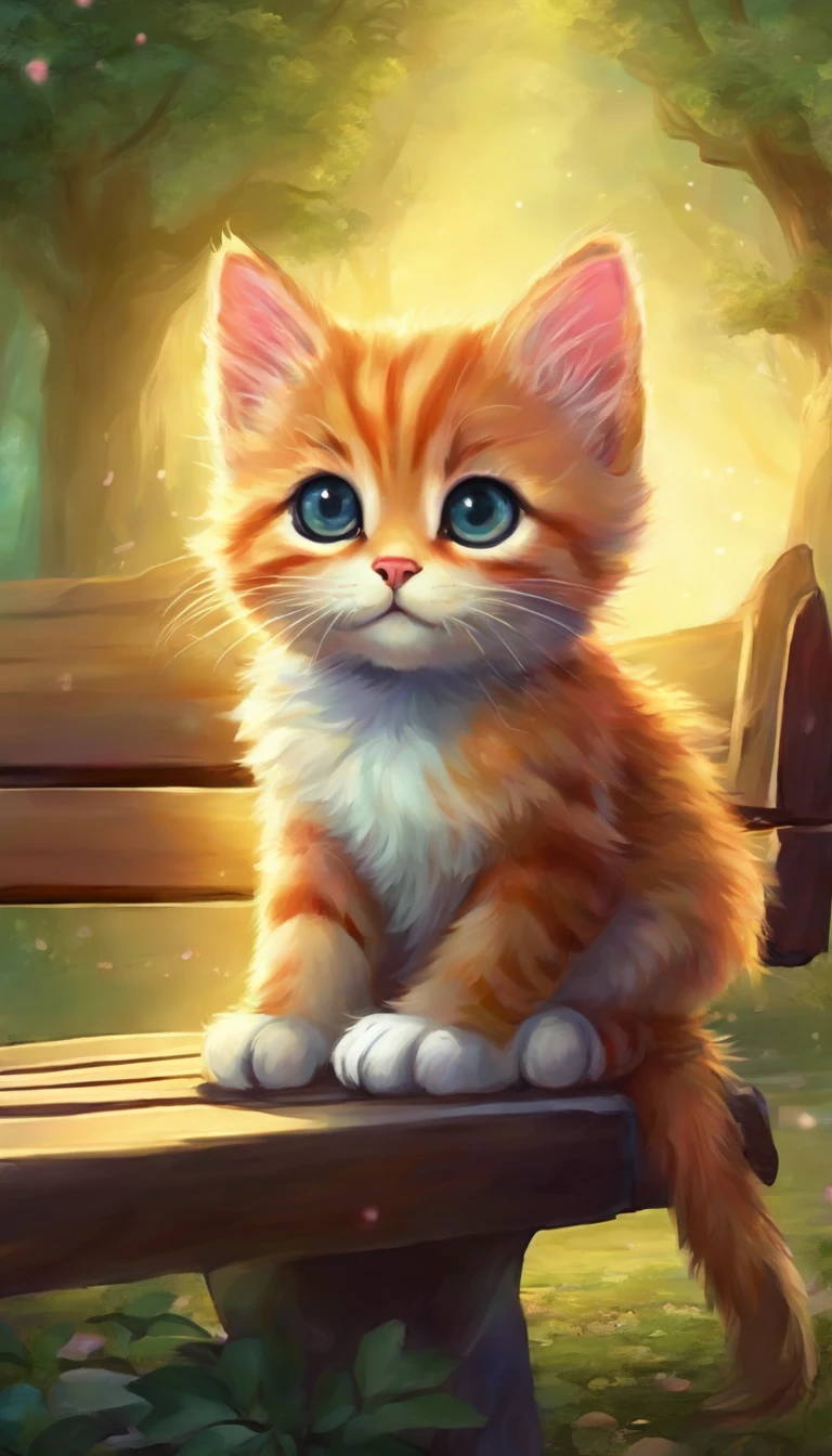 A small kitten with big eyes sits alone on a park bench
