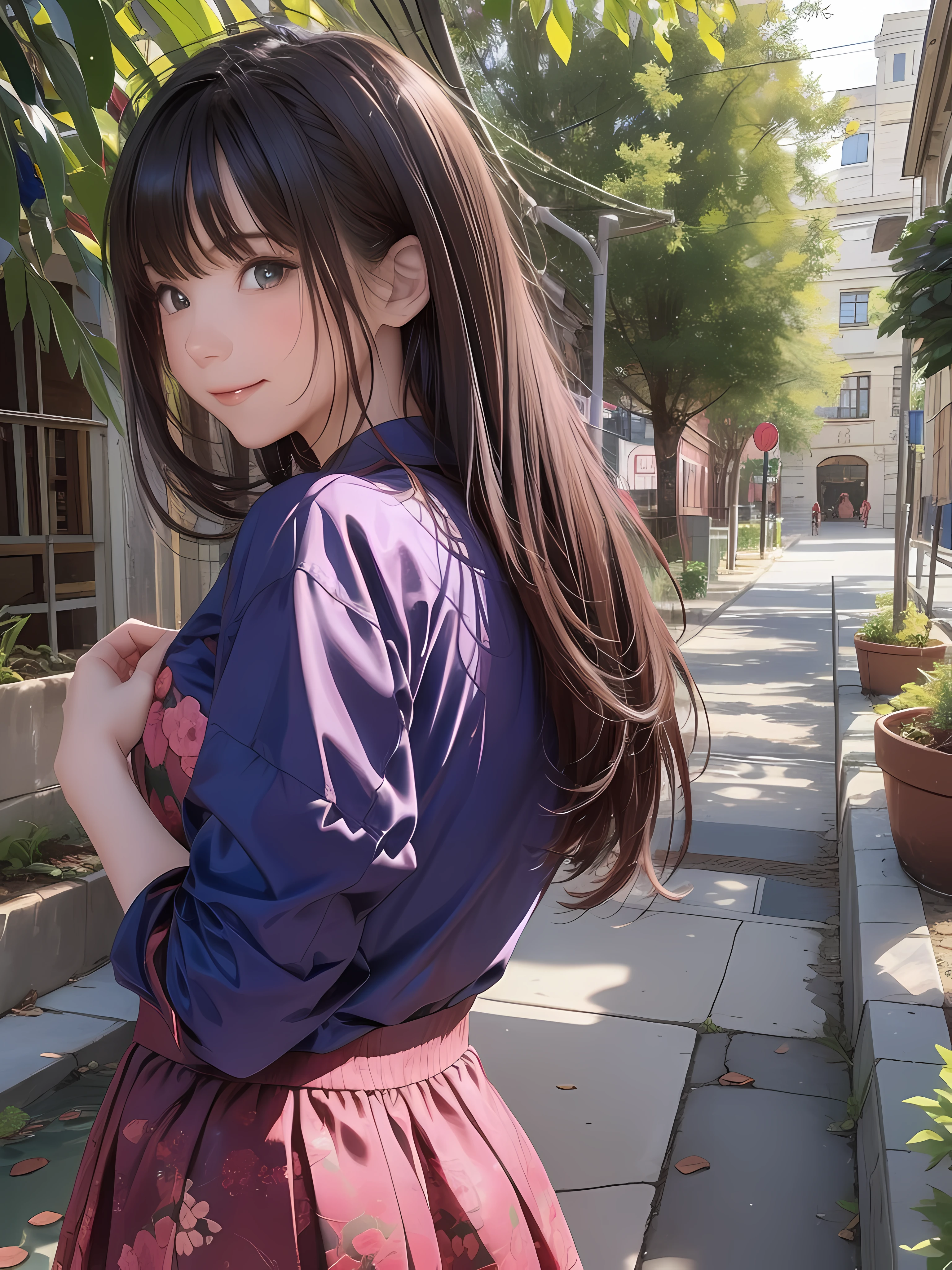 (1girl:1.3), (photorealistic:1.4), (masterpiece, top quality, best quality, official art), extreme detailed, highest detailed, (ultra-detailed), ((an extremely delicate and beautiful)), cinematic light, contemporary, silky long hair, (brown hair), she Walking at the park, in evening, cut sew, skirt, upper body, from above, shy, smile, (looking back:1.4), 26 years old