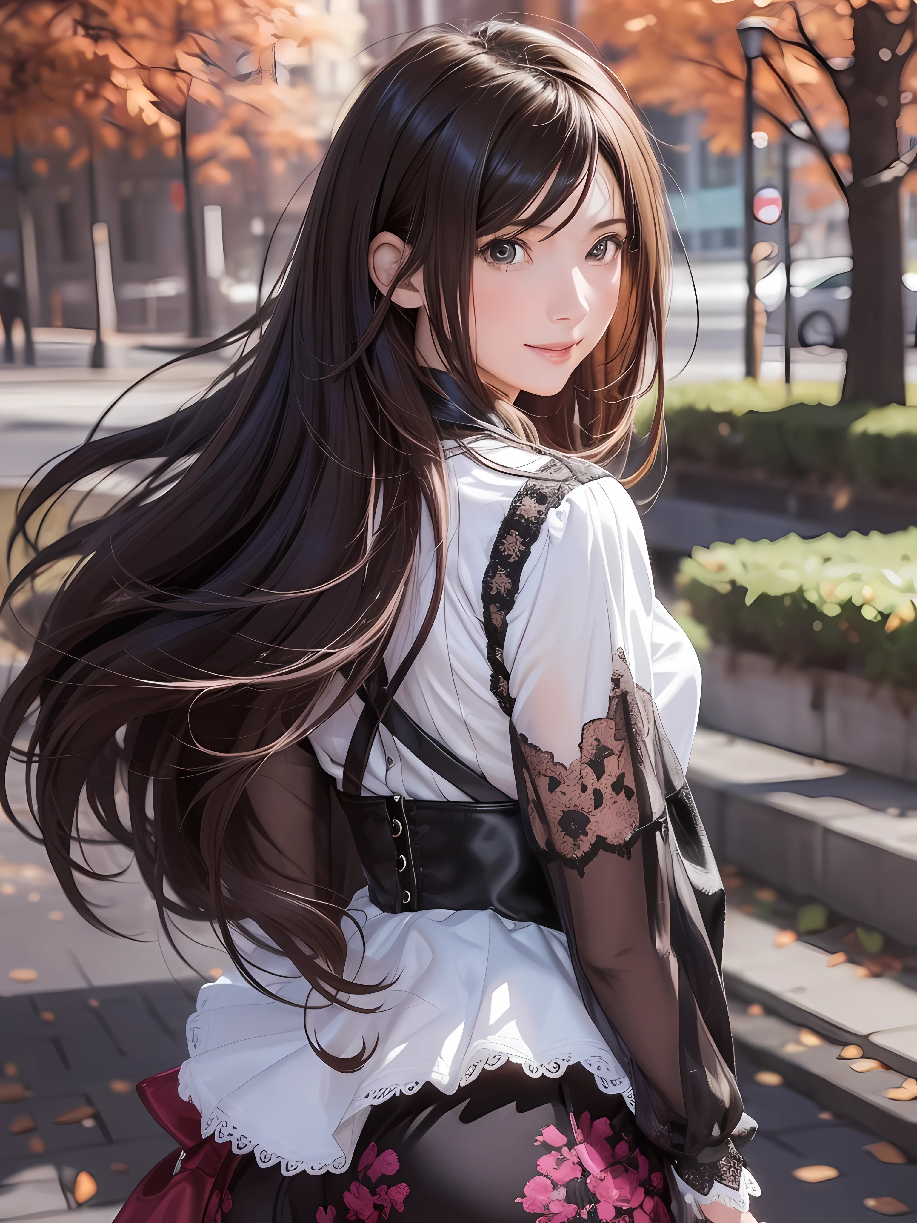 (1girl:1.3), (photorealistic:1.4), (masterpiece, top quality, best quality, official art), extreme detailed, highest detailed, (ultra-detailed), ((an extremely delicate and beautiful)), cinematic light, contemporary, silky long hair, (brown hair), she Walking at the park, in evening, cut sew, skirt, upper body, from above, shy, smile, (looking back:1.4), 26 years old
