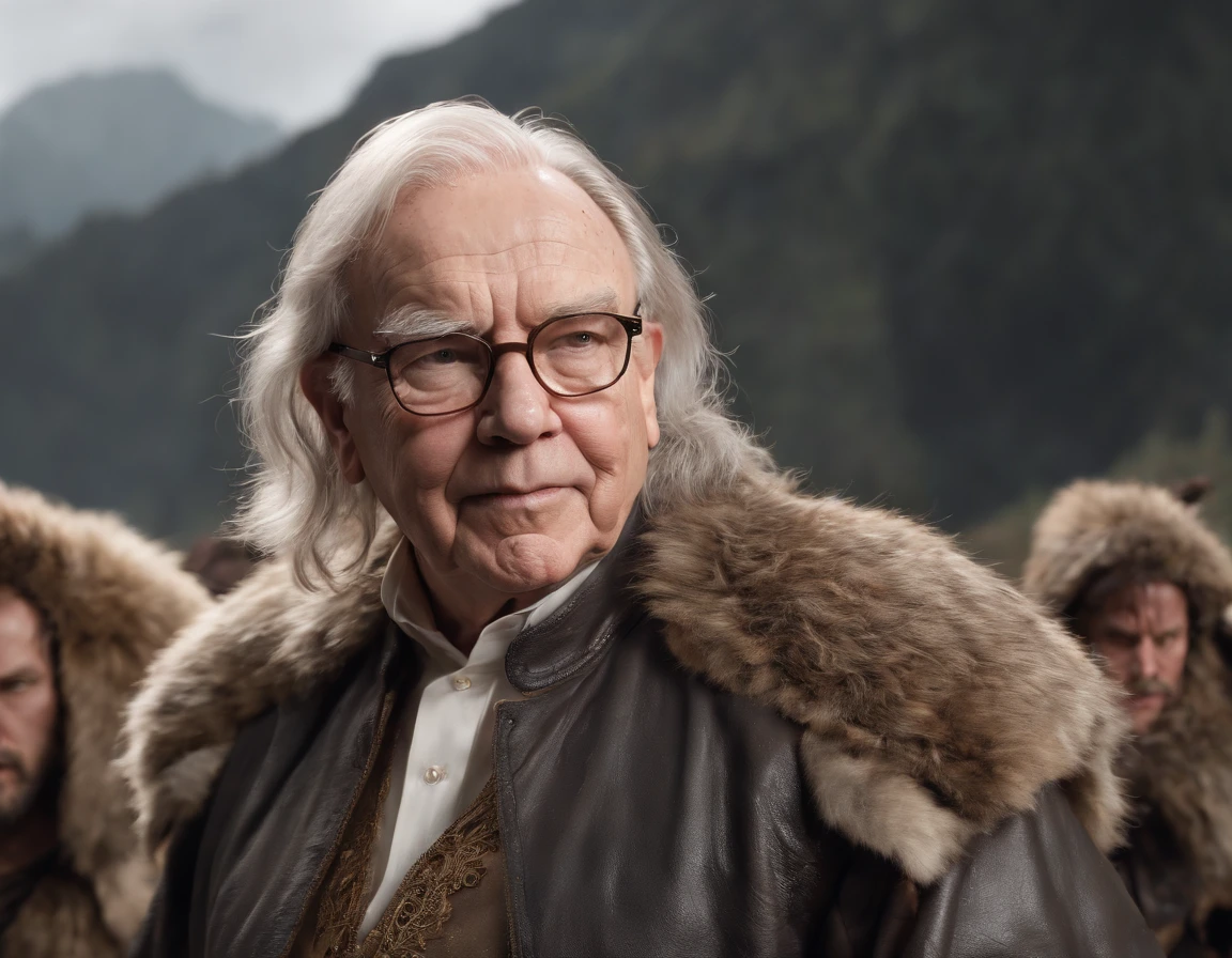 ((Epic warren buffet, rough wet hero angry look long hair short beard and ferocious expression in dynamic pose, Fantastic location, Majestic cluttered environment)), full body 8k unity render, action shot, skin pore, very dark lighting, heavyshading, Detailed, Detailed face , a pile of money in the background(vibrant, photograph realistic, Realistic, Dramatic, Dark, Sharp focus, 8K), (Old leather garments damaged by weathering:1.4), ((((Wear fur)))), (Intricate:1.4), decadent, (Highly detailed:1.4), Digital painting, rendering by octane, art stations, concept-art, smooth, Sharp focus, illustration, Art germ, (loish:0.23)