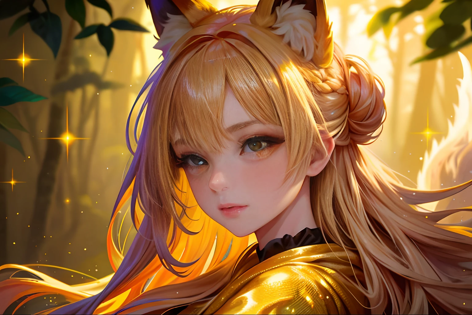 pixel-art, Portrait of a girl with fox ears, fox snout, wearing a golden gossamer twinkling gown, up close, 8k, high quality, golden sparkling lighting, hair in a messy bun, eye the same, beautiful dark fantasy forest background,