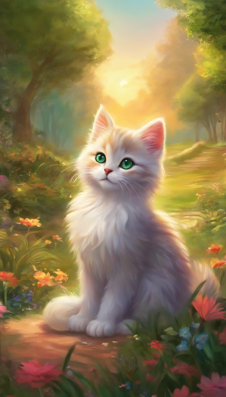 best quality,ultra-detailed,realistic,photorealistic:1.37,small kitten, big eyes, park bench, fluffy fur, curious expression, warm sunlight, peaceful atmosphere, green grass, vibrant flowers, distant trees, gentle breeze, serene surroundings, soft shadows, playful mood, vivid colors