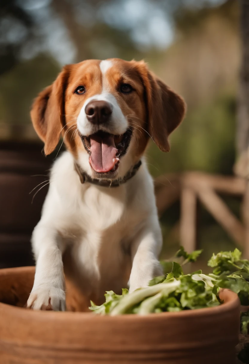 Na imagem, There is a dog with a very cheerful expression. It is positioned just in front of a feed pot. The dog appears to be bouncing and sticking its tongue out, which is a sign of excitement. The feed pot seems to be full of food, and the dog is clearly eager to eat it. The scene conveys a sense of happiness and satisfaction, indicating that the dog is about to enjoy a delicious meal.