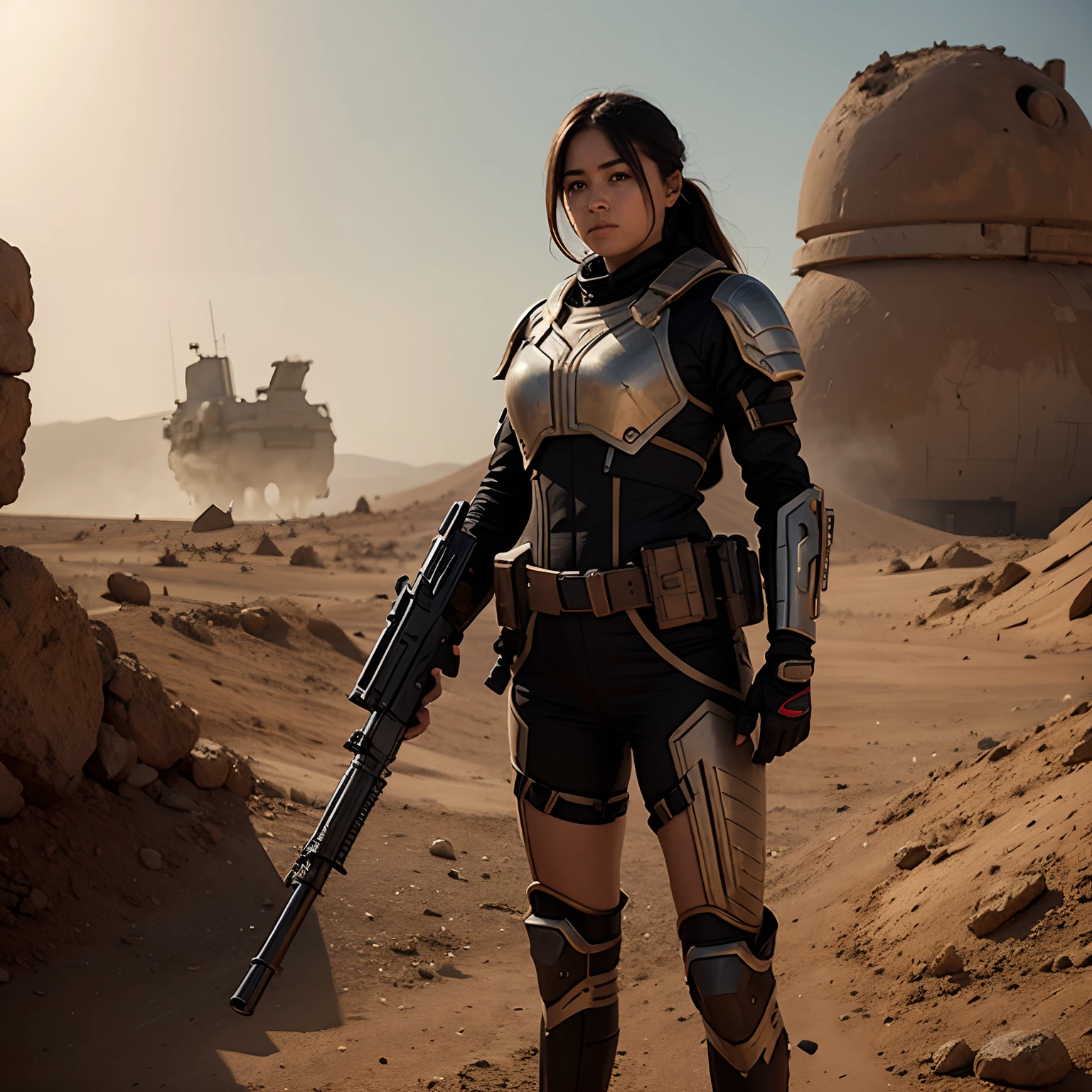 female mars warrior, holding a gun.