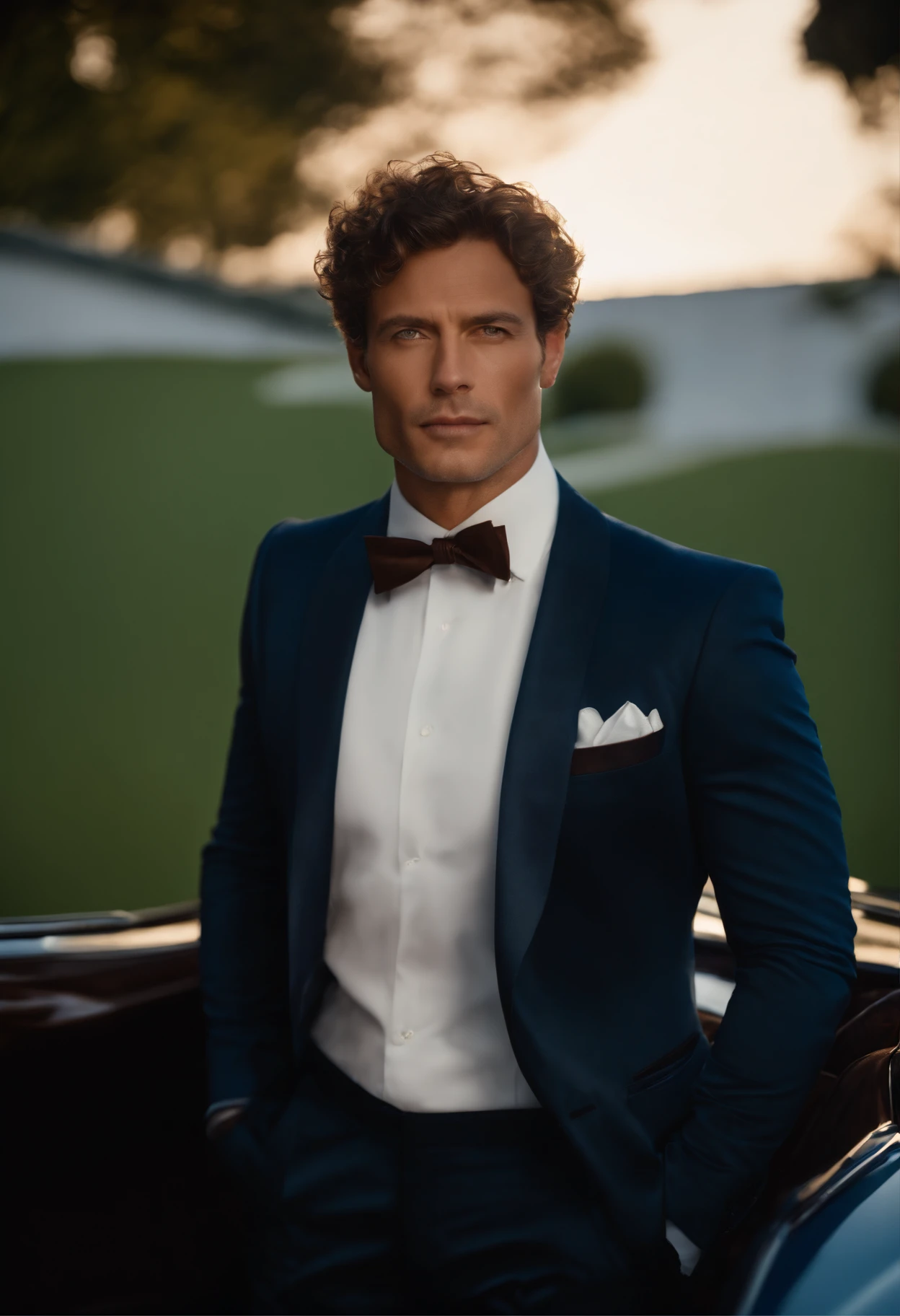 corps entier, wide-angle photo close-up portrait of the body of a handsome man , Grand et en forme, (40 ans:1.1), (shaven:1.2) , (very short brown hair and a little curly:1.5),(very short hair:1.6). (Tight suit in dark blue velvet:1.3). (posing outside the mansion with a luxury car:1.1),Cold and dark sunset at dusk, (Edge Light:1.1),(Concentrez-vous sur les yeux), (Regard fier), (hard light on the skin:1.2), (ombres dures, dark themed, Contraste profond:1.1), (photographie de portrait par Annie Liebovitz), Dark mint theme and choral aesthetics, (skin imperfections)