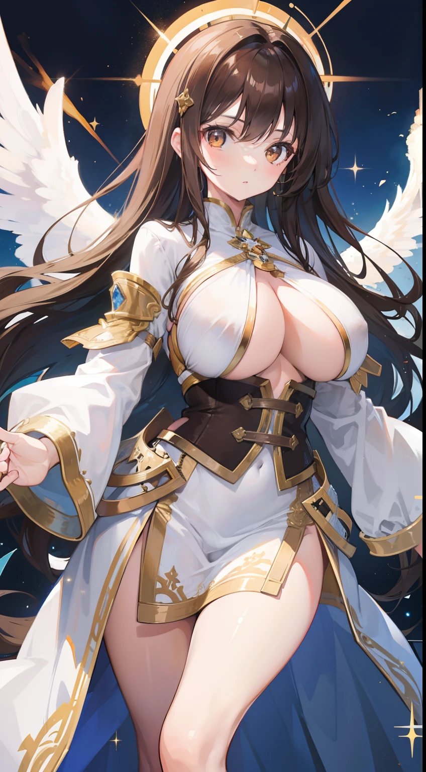 Girl, big boobs, brown hair, long hair, brown eyes, angel, sparkling, holy, light sword