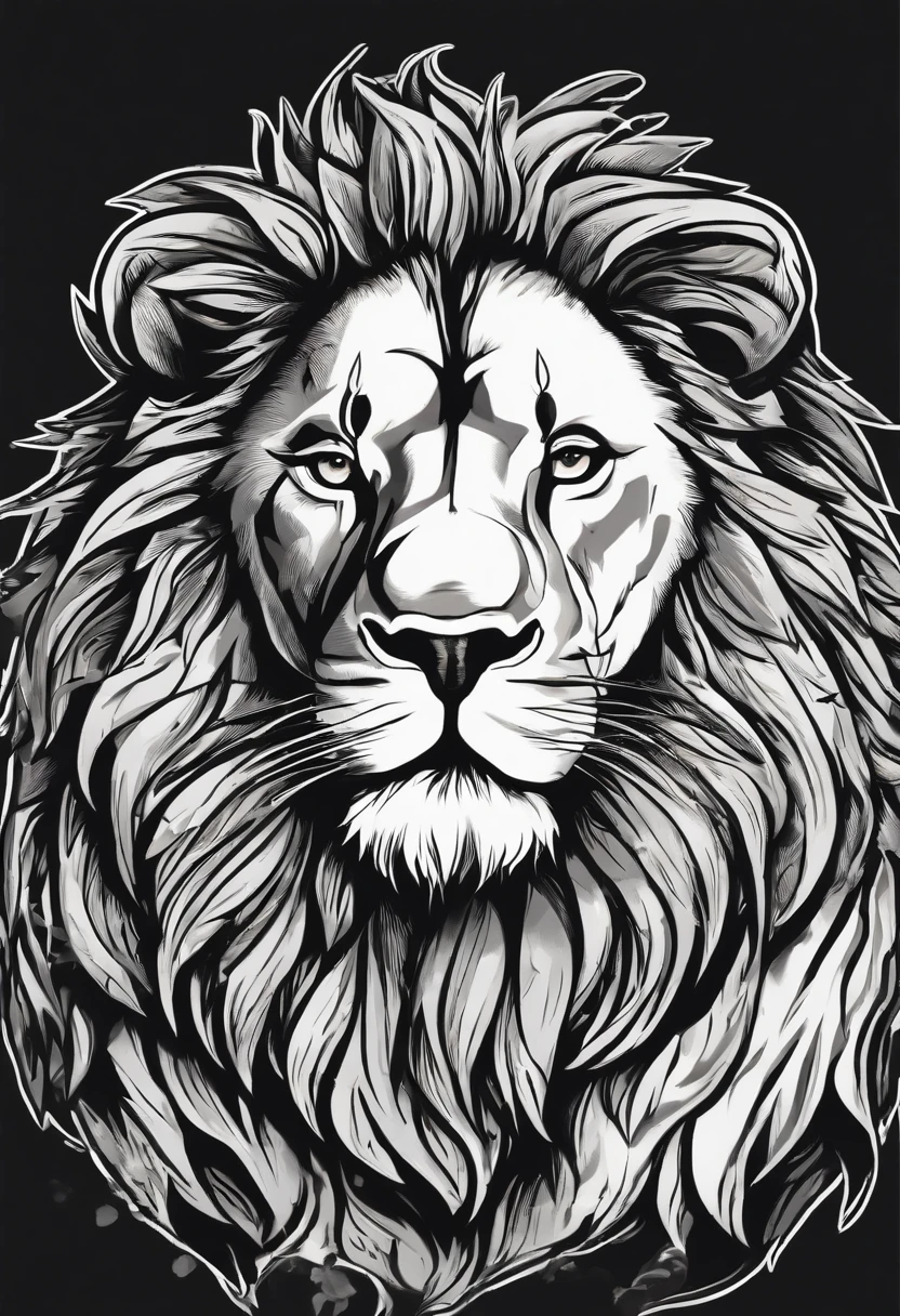 /imagine prompt: Lion illustration for a sticker with a black background, in bold outline style, jagged edges, trashcore, light shading --v 5.2