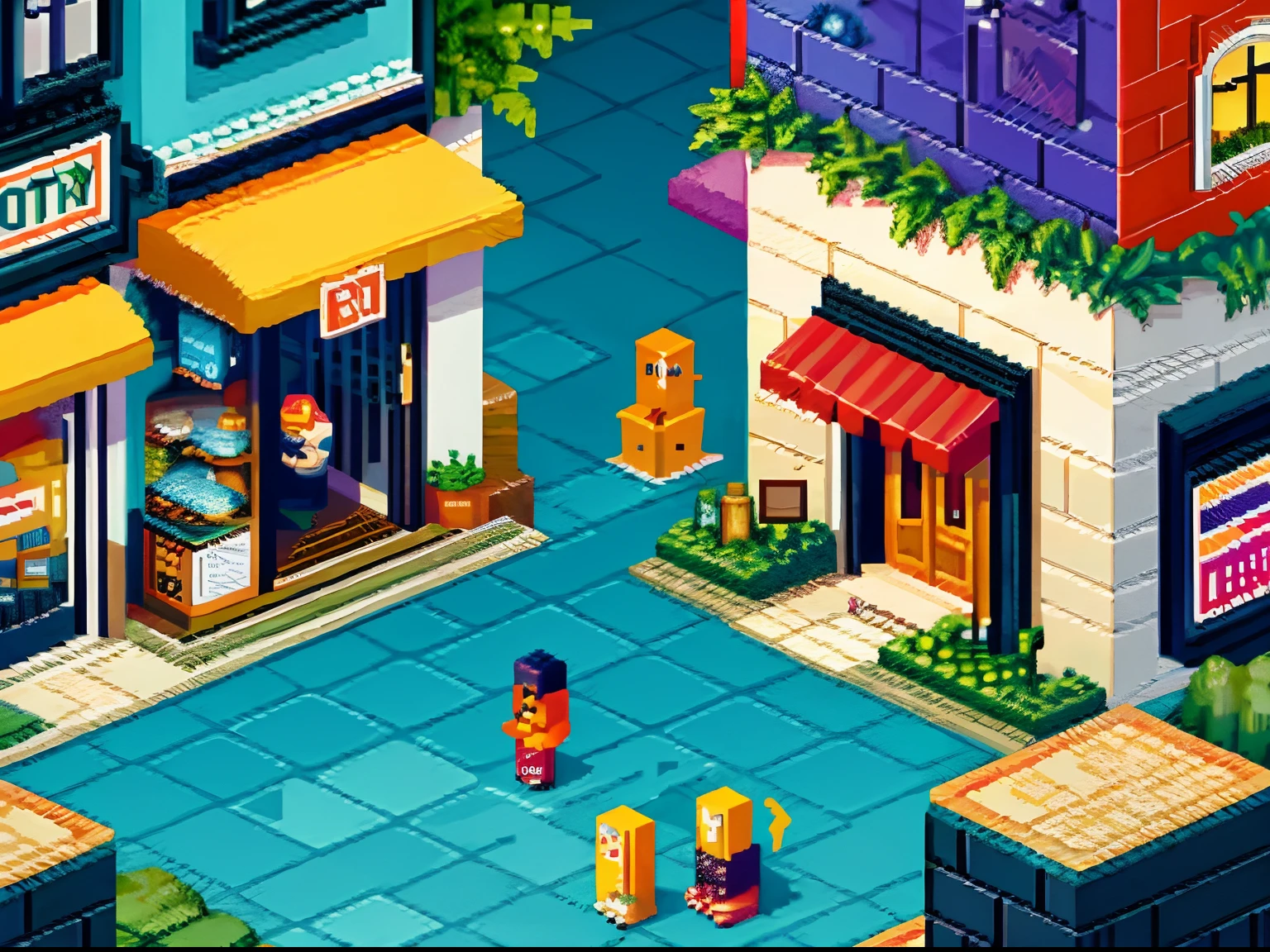 pixel-art, isometric style, thriving life,  lush life, flourishing nigh time, busy living streets, streets thriving with life , abou a half dozen six people