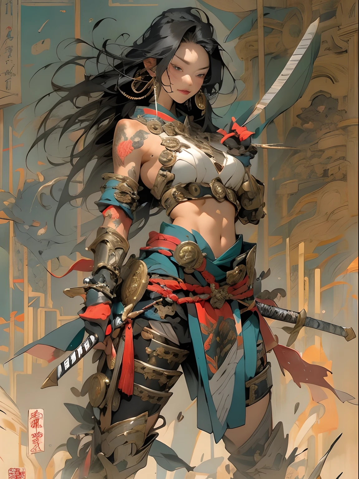 (((woman))), (((best qualityer))), (((tmasterpiece))), (((AS-Adult))), ((( Japanese ))), Look up from your knees, A beautiful asian samurai woman with perfect body, Modern samurai, ((( Asian))), Wear gloves on your hands,The left arm is made of steel and metal tips,Made of protective devices, The eyes are pulled, (( Appears below the breast )), (( Small dental floss )), Simon Bisley, Almost naked(Simon Bisley)Castle City Wilderness,For high-resolution posters, hair straight, Minimum clothing, armure (Crazy clothes ), Full of tips and rivets, tribal tattoos, (((full bodyesbian))), Straight brunette hair,Colored hair ends
