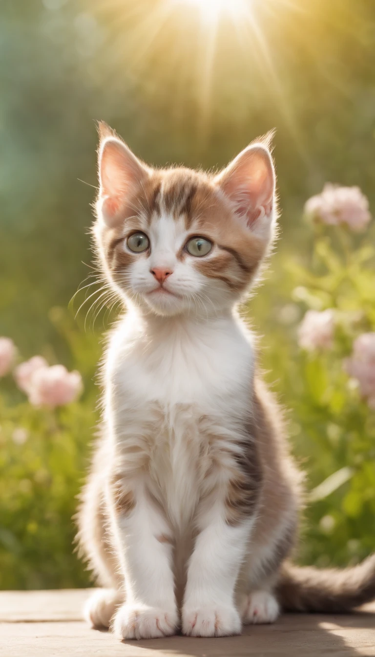 (best quality, highres), (cute, adorable) small kitten, big beautiful eyes, alone, sits, park bench, green surroundings, peaceful atmosphere, sunlight, soft shadows, fluffy fur, innocent expression, curious, paw prints, plants and flowers around, chirping birds, gentle breeze, park visitors in the background, intricate details, photorealistic rendering, vibrant colors.