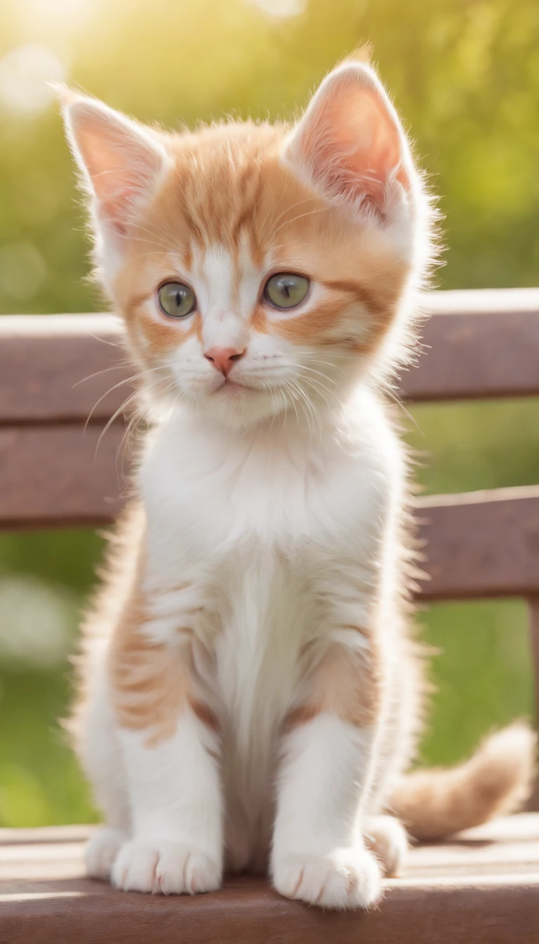 (best quality, highres), (cute, adorable) small kitten, big beautiful eyes, alone, sits, park bench, green surroundings, peaceful atmosphere, sunlight, soft shadows, fluffy fur, innocent expression, curious, paw prints, plants and flowers around, chirping birds, gentle breeze, park visitors in the background, intricate details, photorealistic rendering, vibrant colors.