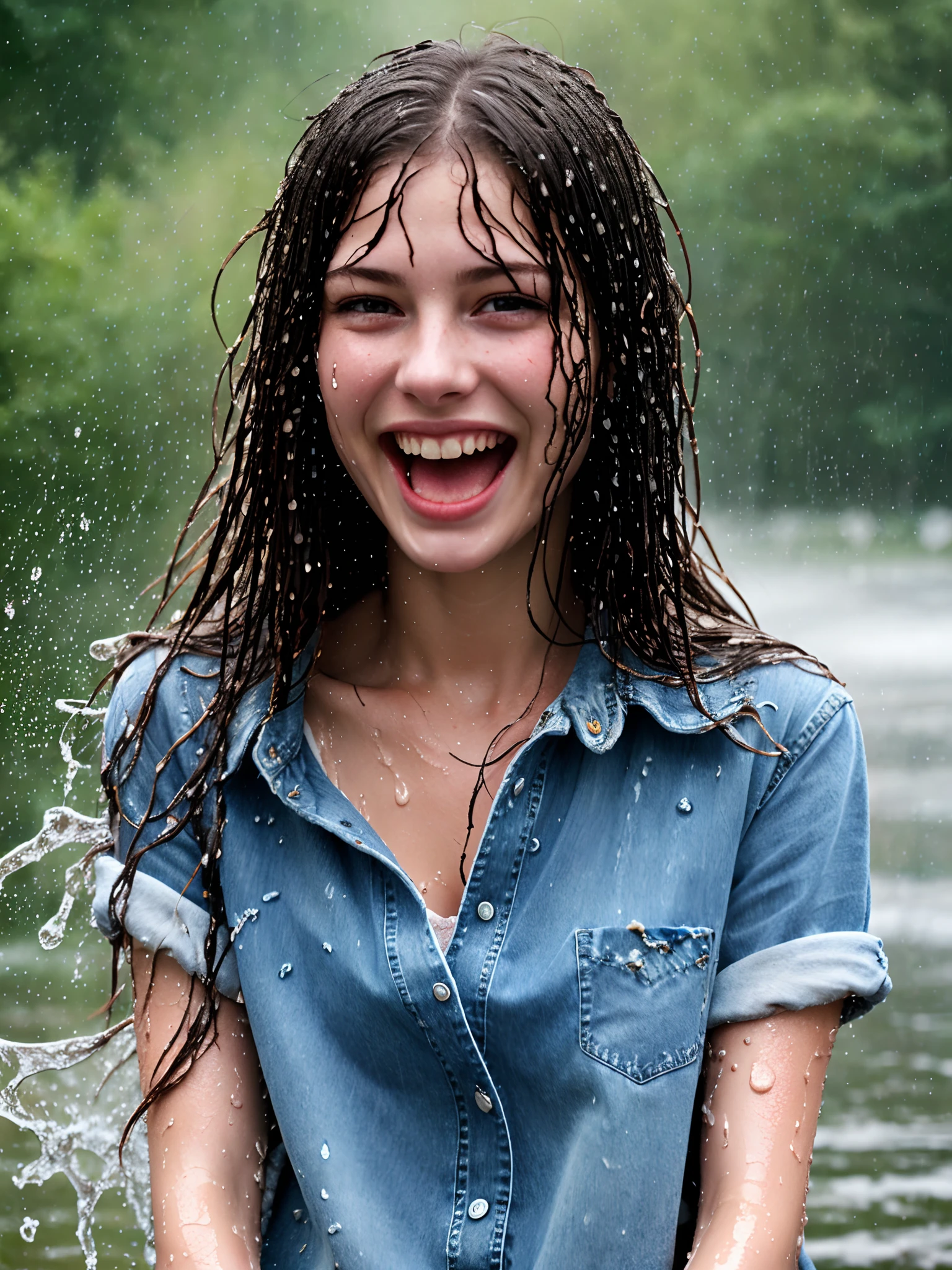 best image quality high resolution 1 girl torn jeans wet hair wet blouse happy cheerful raindrops sexy outdoor