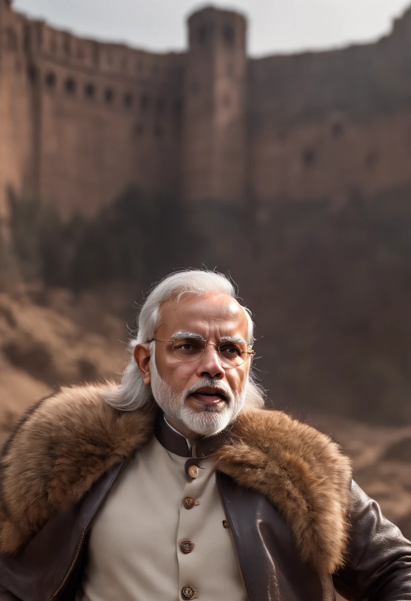 ((Epic narendra modi, rough wet hero angry look long hair short beard and ferocious expression in dynamic pose, Fantastic location, money in the background, inside a big bank, many photographers around him , super detailed,, Majestic cluttered environment)), full body 8k unity render, action shot, skin pore, very dark lighting, heavyshading, Detailed, Detailed face , a pile of money in the background(vibrant, photograph realistic, Realistic, Dramatic, Dark, Sharp focus, 8K), (Old leather garments damaged by weathering:1.4), ((((Wear fur)))), (Intricate:1.4), decadent, (Highly detailed:1.4), Digital painting, rendering by octane, art stations, concept-art, smooth, Sharp focus, illustration, Art germ, (loish:0.23)
