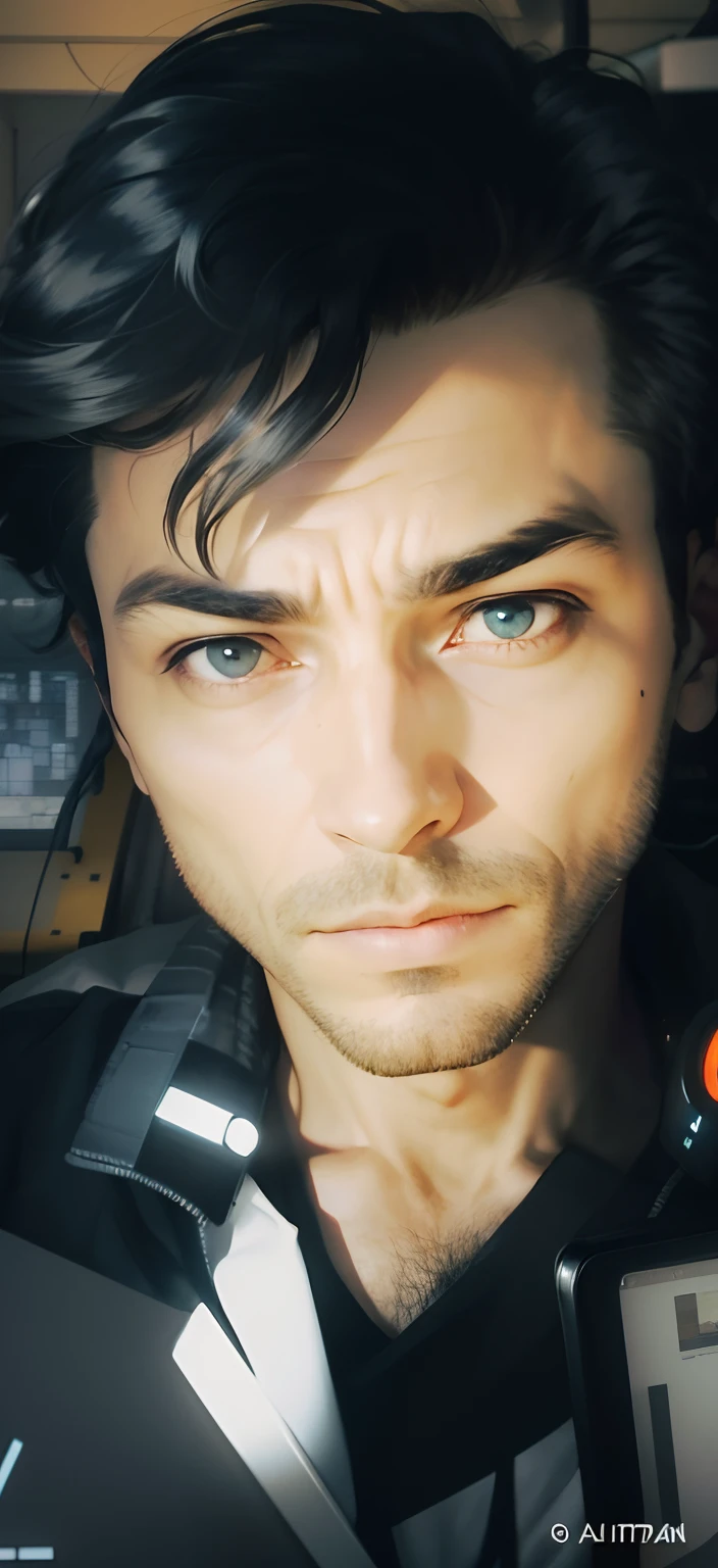 Homem Programador python, cyberpunk,  dentro de um apartamento, olhando pelas janelas de vidro, cidade futurista, olhar estrategista, laptop, cinematic, ultra realista, altamente detalhado (obra prima)  inside a machine shop
