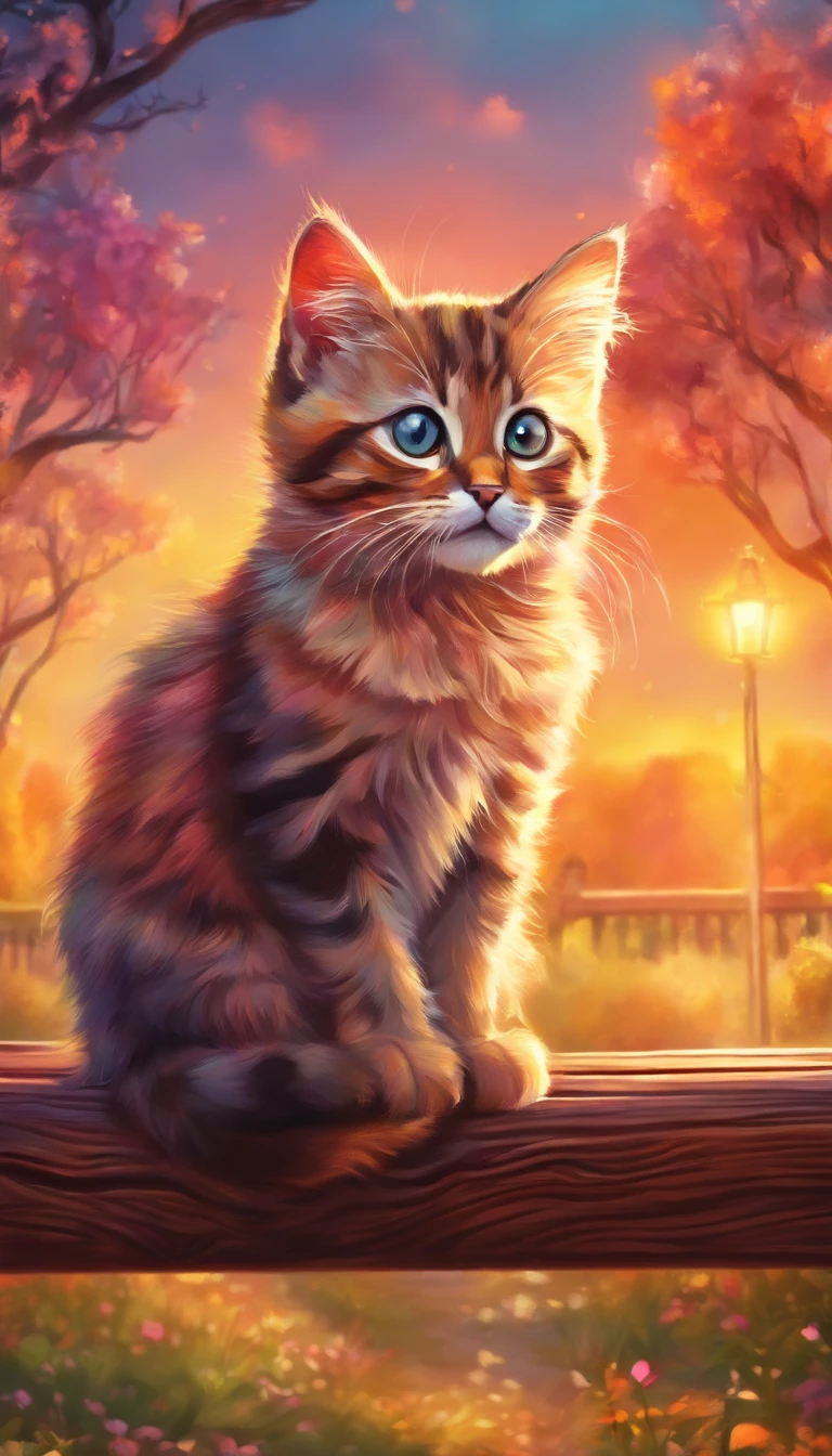 (a small kitten with big eyes:1.1,alone on a park bench),(photorealistic:1.37) illustration, vibrant colors, golden hour lighting