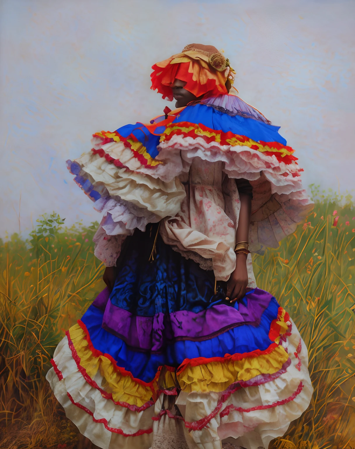 pintura de uma criatura em um vestido colorido andando em um campo, in a oil painting style, inspired by Léon Bakst, digital oil on canvas, vestido com seda colorida, Cores mundanas,she is dressed in shaman clothes, Traje tradicional, vestido colorido renascentista, Vestido tradicional, inspirado em Tom Chambers, vestes coloridas , a mask covering the whole face in the steampunk style, masculina