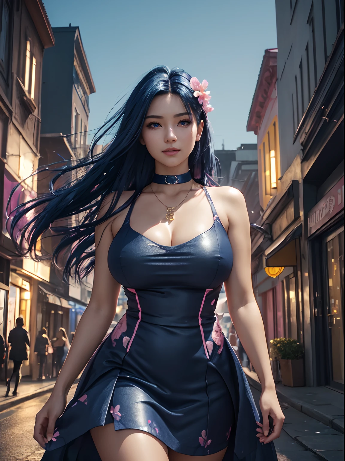 Close up,(masterpiece,best quality), Sakimichan and Neoartcore, an woman with modern style, (((dark blue hair color))),(colorful),(finely detailed beautiful eyes and detailed face, long hair), flowers on head,cinematic lighting,extremely detailed CG unity 8k wallpaper,((flying petal)),(Flowery meadow), night, moonlight, shadows, light, modern city,(masterpiece, best quality), cyberpunk fashion, (((detailed pink dress))), blue laces,((blue untied flowing hair and a nice street background)), cool style, high detailed background , curvy body, gorgeous, elegant, simple gold necklace, dynamic pose, realistic, detailed facial expression, beautiful mesmerizing face, happy, open smile, (bright blue eyes:1.14), real life skin, 8k, intricate detail, professional lighting, full body shot, dynamic angle shot, looking at camera, stunning Unreal Engine, soft diffused lighting, cute, wind, petals on wind,1 girl, sexy, sensual, a 20 yo woman,(natural skin texture, soft light, sharp), big boobs