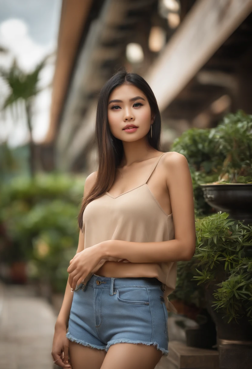 (((thai girl))), thin face, natural tan skin, wearing denim shorts, charming black hair, ((hair tips are blonde)), mall background, age 22