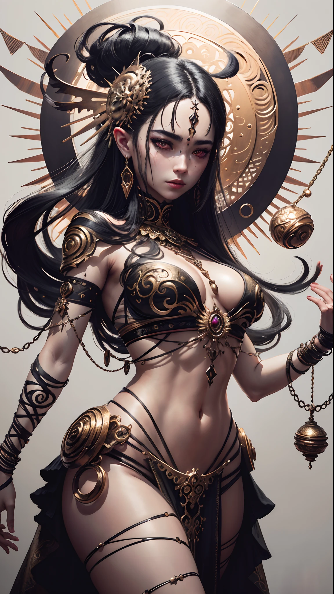 Beautiful photorealistic photograph of demonic woman wearing delicate chains of intricate jewelry, Chifres Pequenos, Asian eyes, Seios enormes, corpo inteiro, dynamic pose, ethereal background, beleza abstrata, Approaching perfection, forma pura, arte conceitual, por Brian Froud e Carne Griffiths e Wadim Kashin e John William Waterhouse, detalhes intrincados, 8k post production, high resolution, hiperdetalhado, trending on ArtStation, foco nítido, Studio photo, detalhes intrincados, altamente detalhado, Directed by: Greg Rutkowski