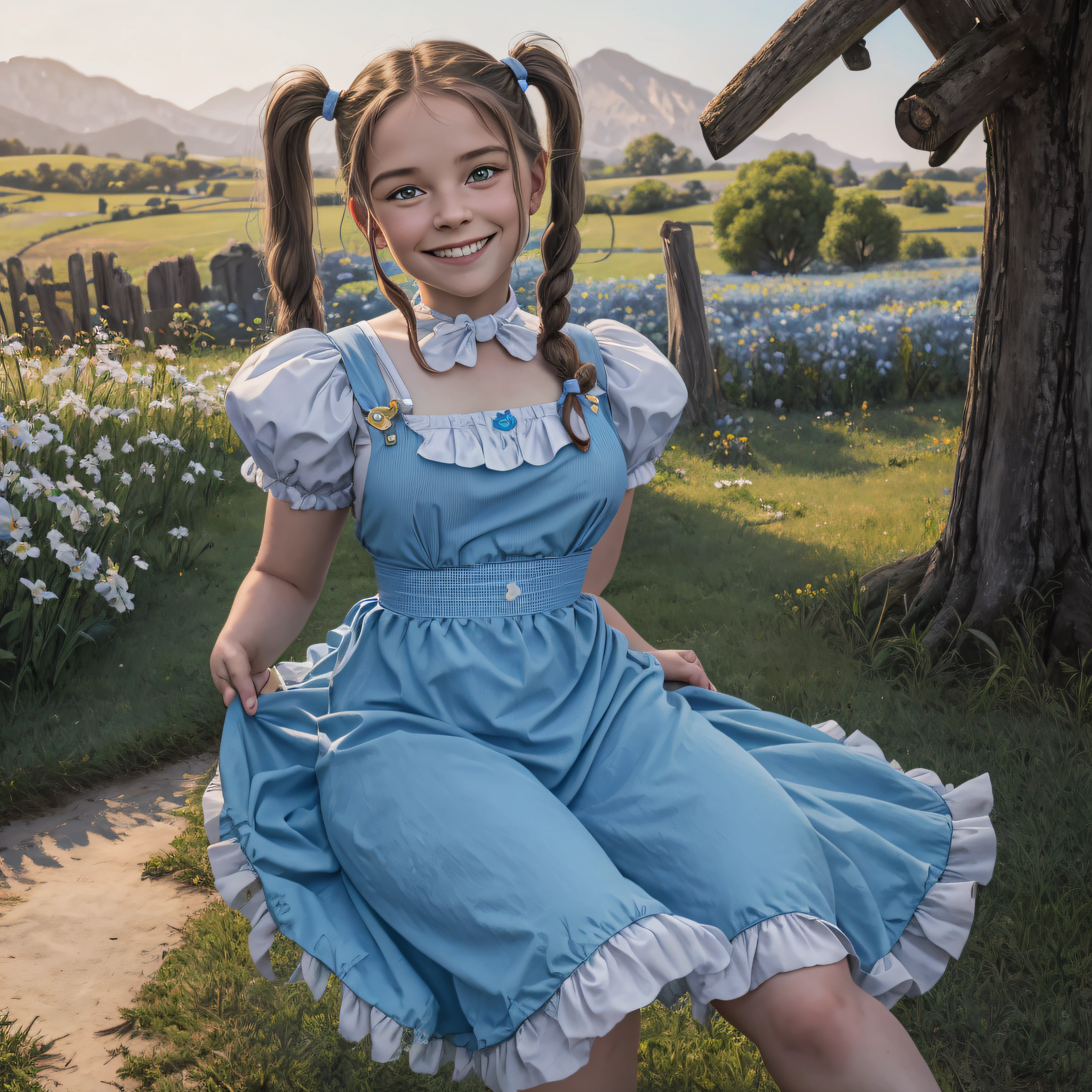 1girl, closeup portrait, laurat as dorothy gale, braided pigtails with light blue ribbons,  wizard of oz background, detailed background, fantasy setting, analog style, looking at viewer, smile,