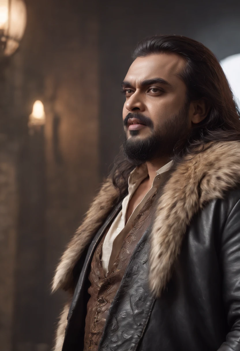 ((Epic mukesh ambani, rough wet hero angry look long hair short beard and ferocious expression in dynamic pose, Fantastic location, money in the background, inside a big bank, many photographers around him , super detailed,, Majestic cluttered environment)), full body 8k unity render, action shot, skin pore, very dark lighting, heavyshading, Detailed, Detailed face , a pile of money in the background(vibrant, photograph realistic, Realistic, Dramatic, Dark, Sharp focus, 8K), (Old leather garments damaged by weathering:1.4), ((((Wear fur)))), (Intricate:1.4), decadent, (Highly detailed:1.4), Digital painting, rendering by octane, art stations, concept-art, smooth, Sharp focus, illustration, Art germ, (loish:0.23)