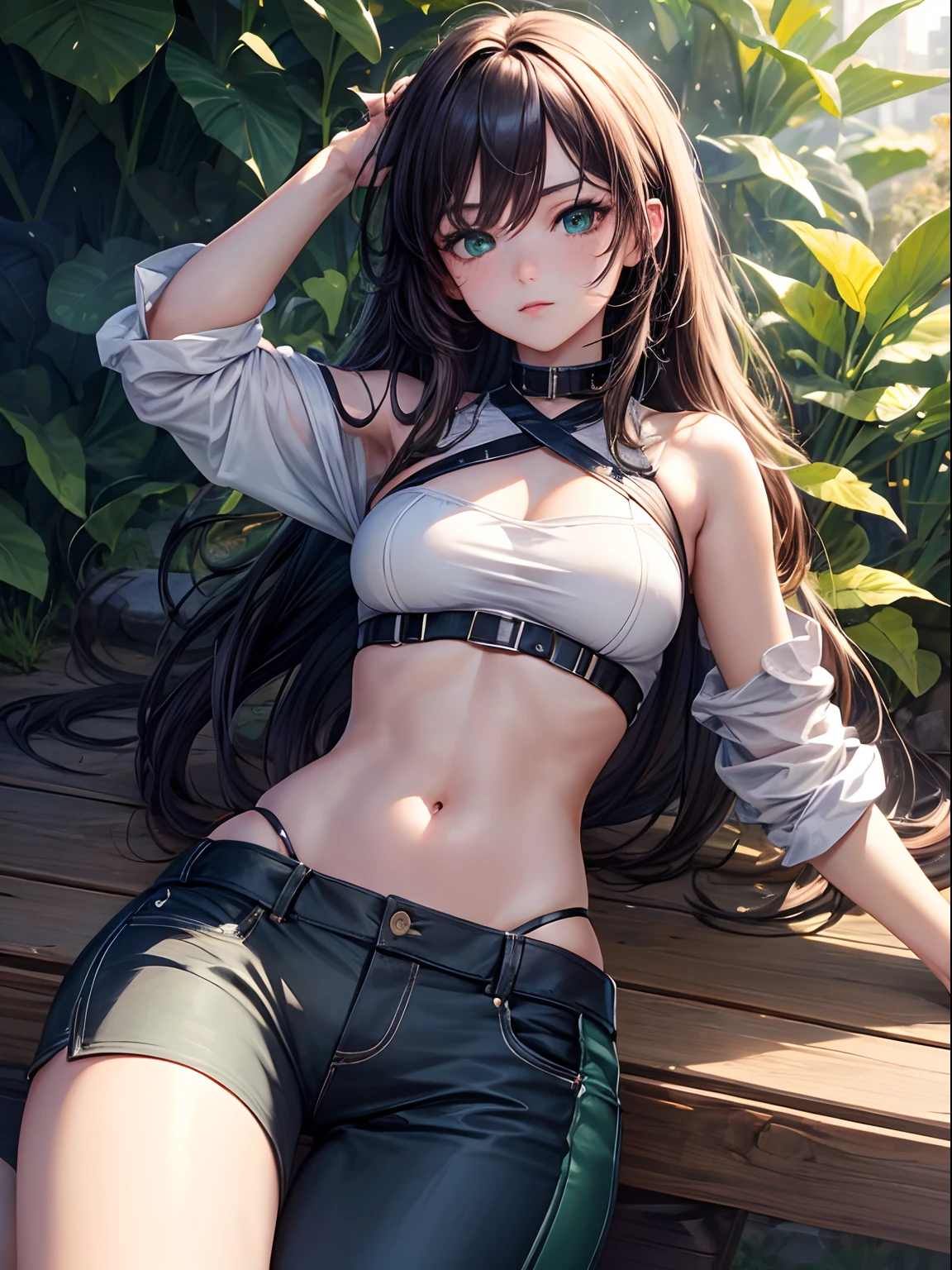 ((Masterpiece: 1.4, Best Quality))+,(Ultra Detail)+, Official Art, Unity 8k Wallpaper, Ultra Detailed, Beautiful, High Quality, Beautiful, Masterpiece, Best Quality, (tomboy), pants, Green eyes, long hair, beauty Mark