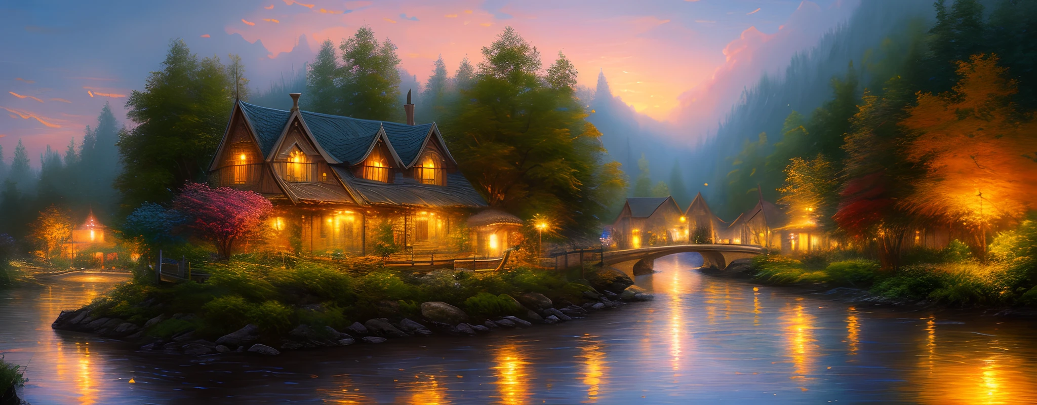 masterpiece, best quality, high quality,extremely detailed CG unity 8k wallpaper, An enchanting and dreamy scene of a river side village,boat in the water, with towering trees, glowing Mary gold flowers, and hidden fairy glens, creating a sense of mystique and enchantment, artstation, digital illustration, intricate, trending, pastel colors, oil paiting, award winning painting, Bokeh, Depth of Field, HDR, bloom, Chromatic Aberration , extremely detailed, trending on artstation, trending on CGsociety, Intricate, High Detail, dramatic, art by Tomas Kinkade.