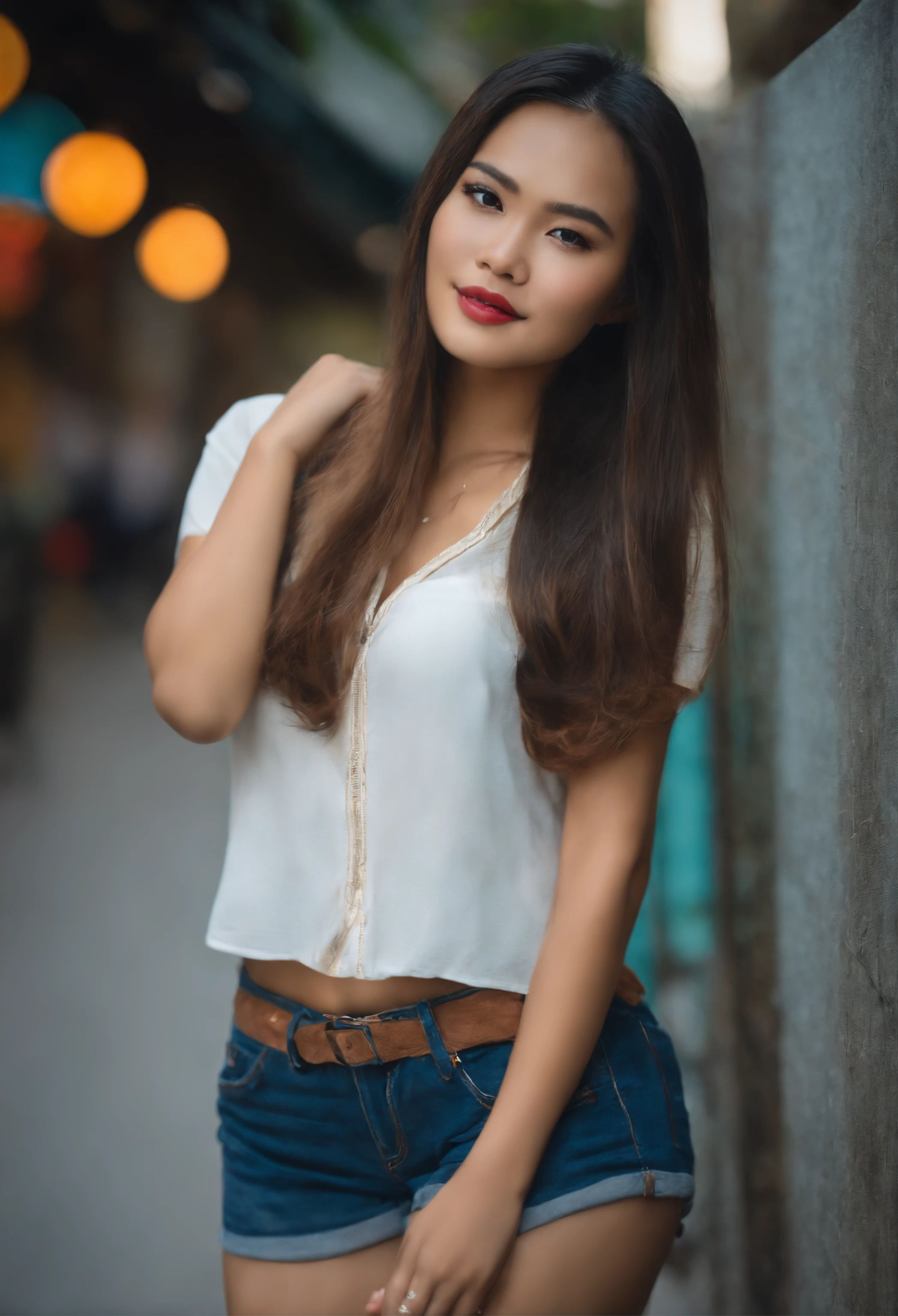 (((thai girl))), thin face, natural tan skin, wearing denim shorts, charming black hair, ((hair tips are blonde)), mall background, age 22