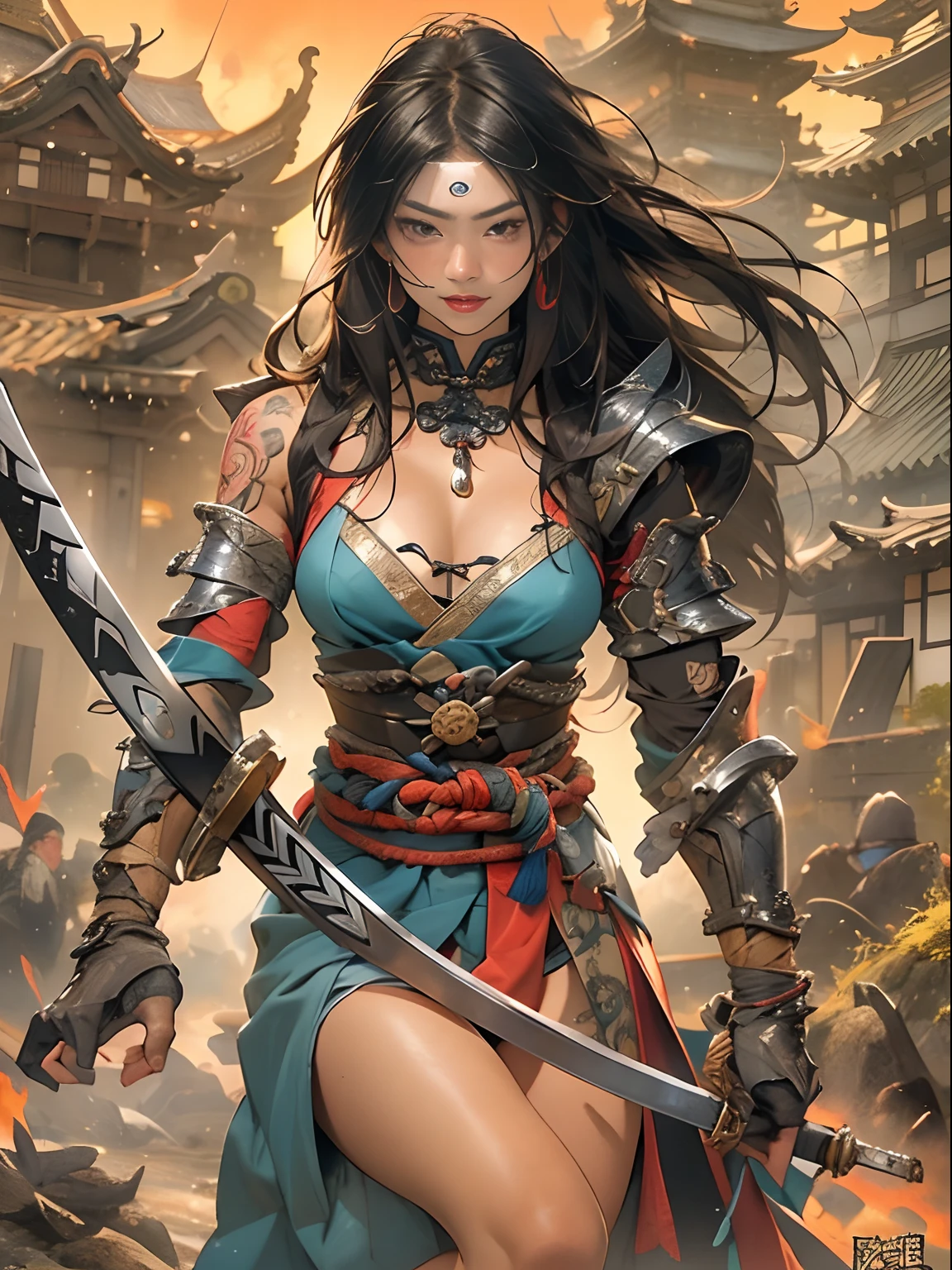 (((woman))), (((best qualityer))), (((tmasterpiece))), (((AS-Adult))), ((( Japanese ))), Look up from your knees, A beautiful asian samurai woman with perfect body, Modern samurai, ((( Asian))), Wear gloves on your hands，The left arm is made of steel and metal tips，Made of protective devices, The eyes are pulled, (( Appears below the breast )), (( Small dental floss )), Simon Bisley, Almost naked（Simon Bisley）Castle City Wilderness，For high-resolution posters, hair straight, Minimum clothing, armure (Crazy clothes ), Full of tips and rivets, tribal tattoos, (((full bodyesbian))), Straight brunette hair，Colored hair ends