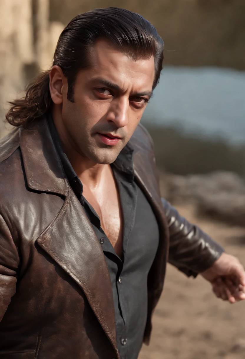 ((Epic salman khan, rough wet hero angry look long hair short beard and ferocious expression in dynamic pose, Fantastic location, money in the background, inside a big bank, many photographers around him , super detailed,, Majestic cluttered environment)), full body 8k unity render, action shot, skin pore, very dark lighting, heavyshading, Detailed, Detailed face , a pile of money in the background(vibrant, photograph realistic, Realistic, Dramatic, Dark, Sharp focus, 8K), (Old leather garments damaged by weathering:1.4), ((((Wear fur)))), (Intricate:1.4), decadent, (Highly detailed:1.4), Digital painting, rendering by octane, art stations, concept-art, smooth, Sharp focus, illustration, Art germ, (loish:0.23)